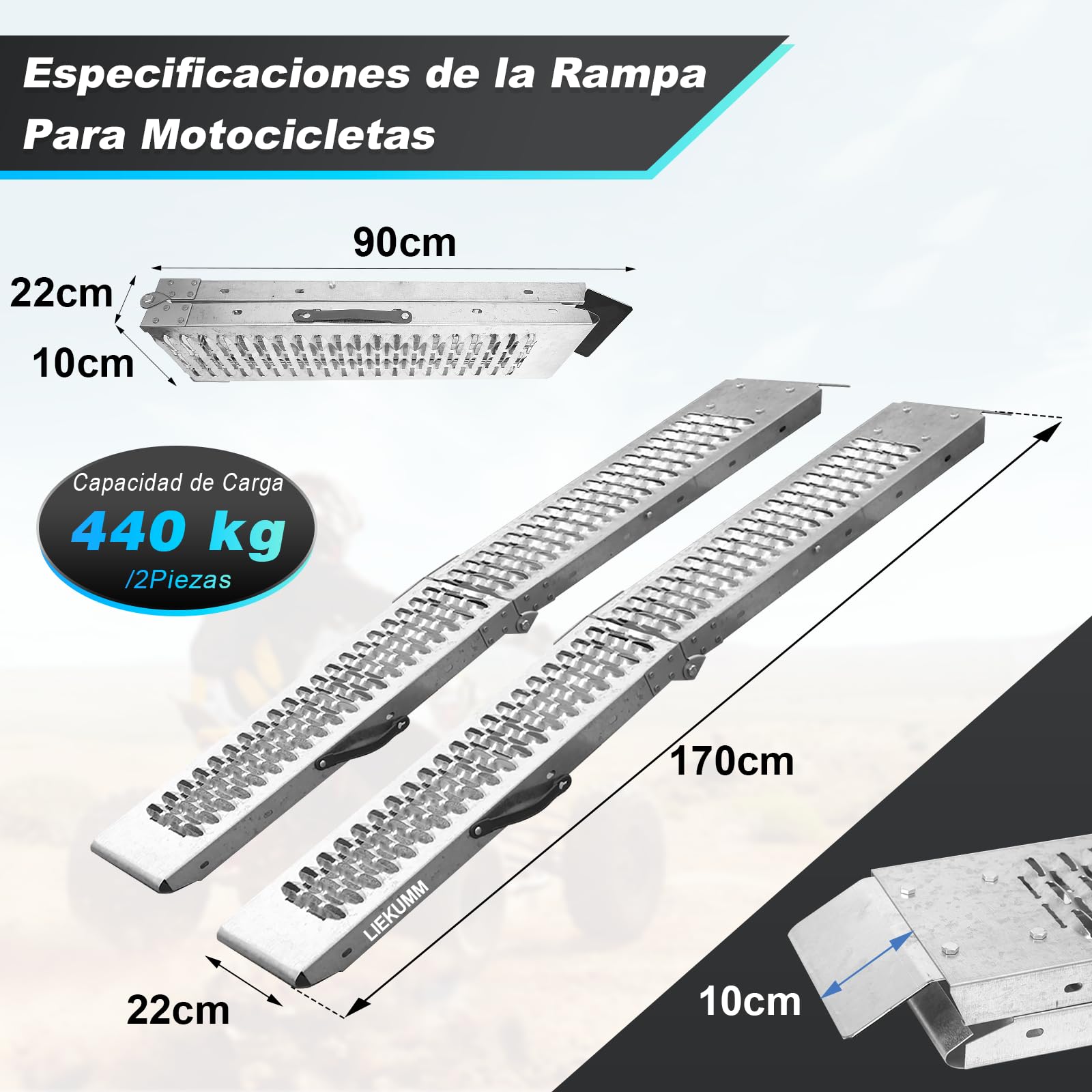 LIEKUMM Rampas de Carga, 170 x 22 cm Rampa de Acceso, Capacidad 440 kg Rampa Moto, Plegable Rampa para ATV, quadbike, Scooter, cortacésped, Motocicleta, 2 Paquetes