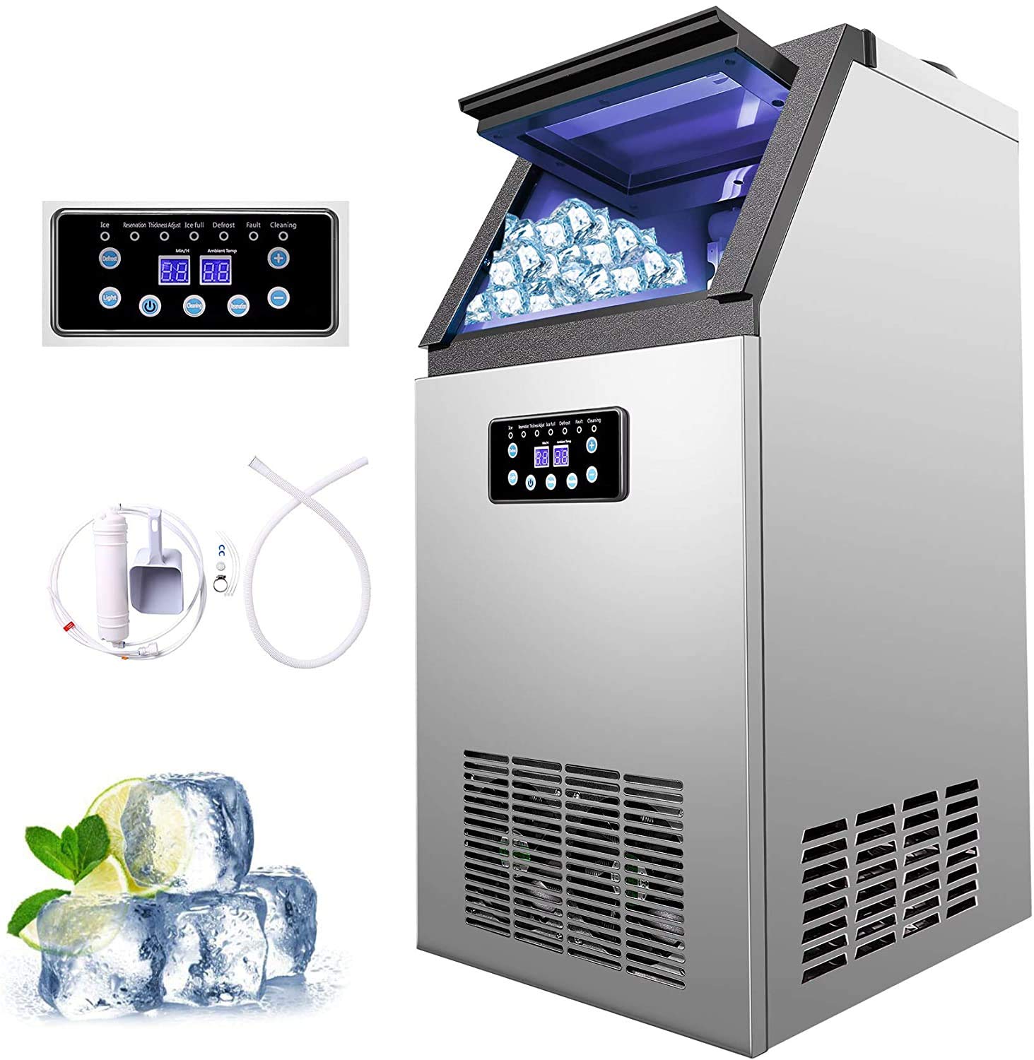 Z ZELUS Macchina per Il Ghiaccio Commerciale Fabbricatore Ghiaccio con Schermo LCD Macchina per Cubetti di Ghiaccio per Casa, Ufficio, Ristorante, Bar, Caffetteria (72.5kg/ 24 ore)