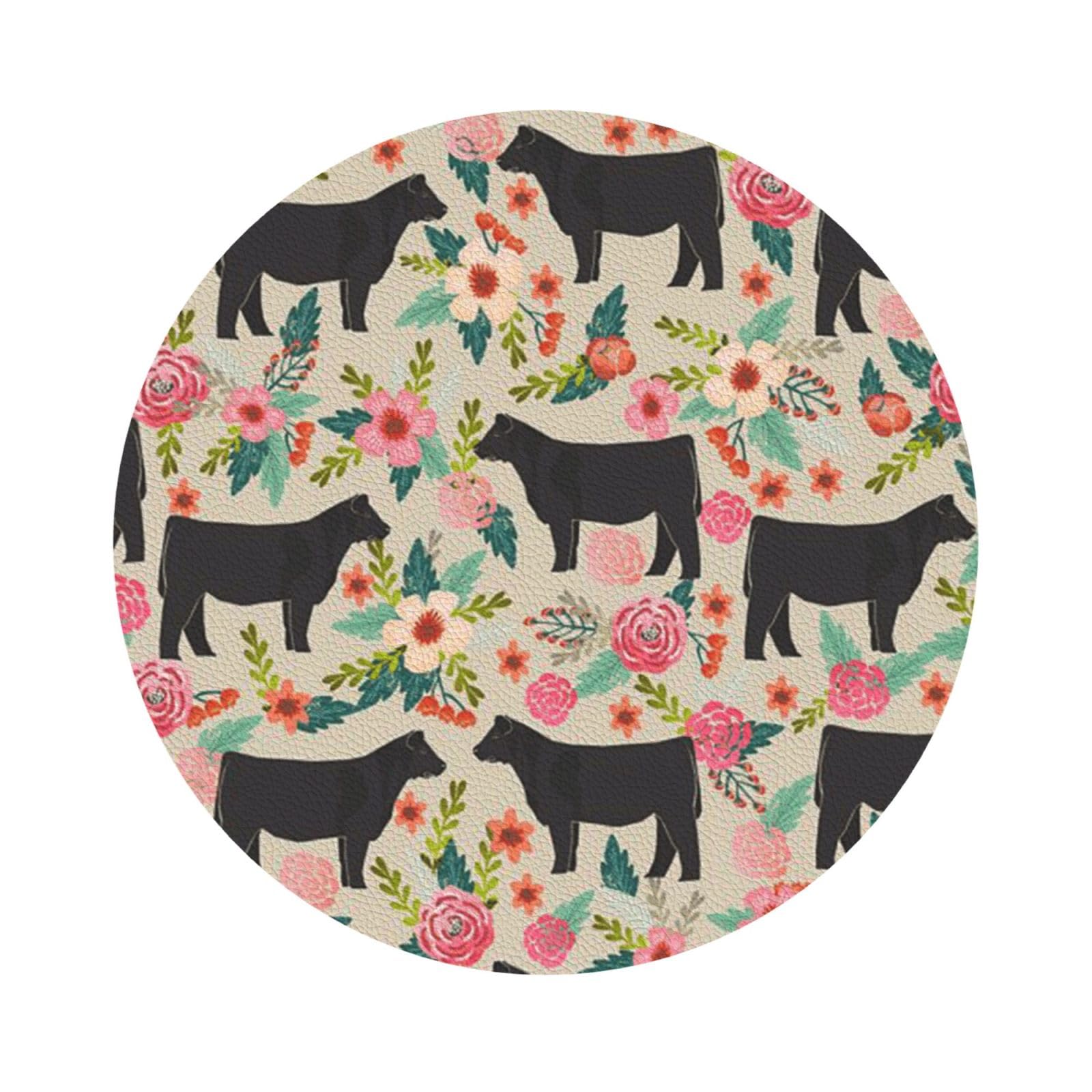 Pink Flower Show Steer Cows Cattle PU Leather Coasters Set of 6 Round Drink Coasters