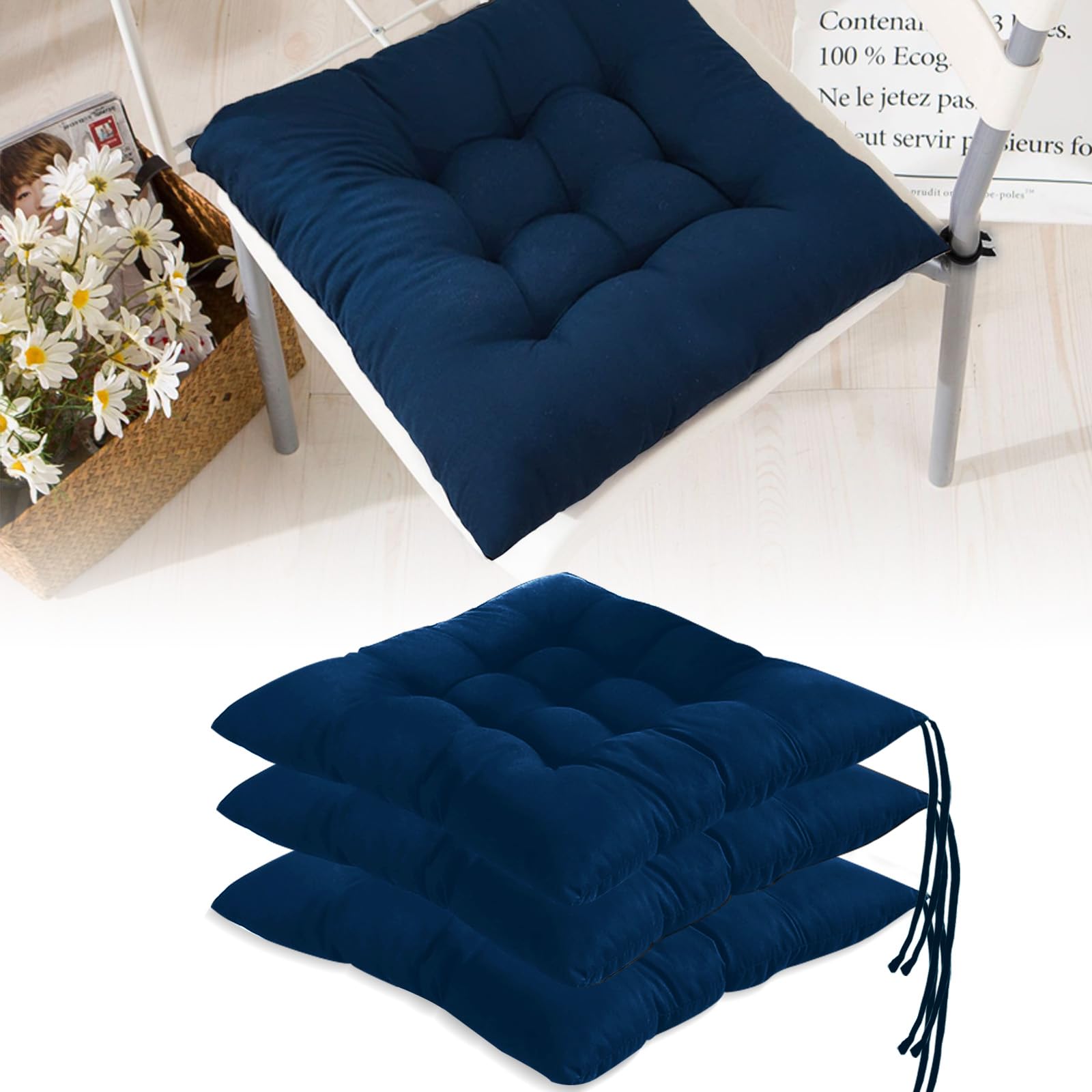 4 cojines cómodos para silla, 40 x 40 cm, con lazos, cojín de jardín, para interior y exterior, silla de oficina, balcón, para comedor, salón, estudio, azul marino