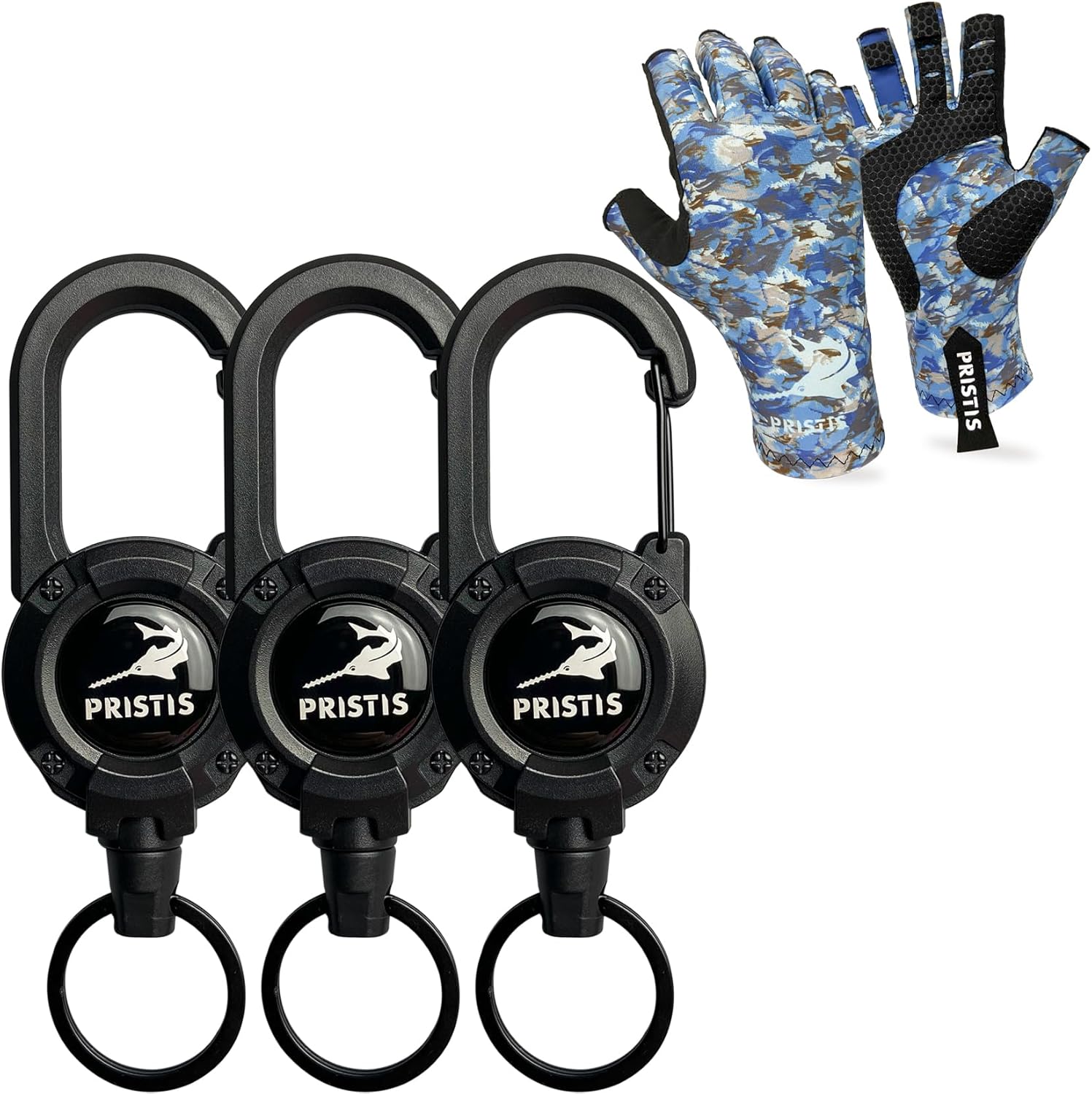 Pristis Convenient Fishing Equipment Combination, 3 Pack Heavy Duty Zinger Retractors & Snow CAMO Half-Finger Fishing Gloves (L-XL), A Neat Option for Angler