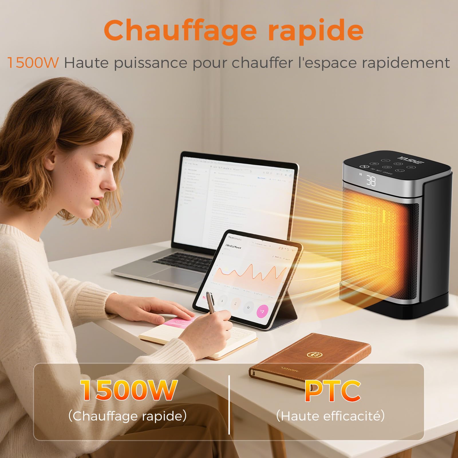 YASHE Chauffage d'appoint électrique, céramique PTC 1500W, Télécommande, Sécurité enfant, Protection anti-basculement et anti surchauffe, Minuterie 1-24 h, Mode ECO, Rectangle
