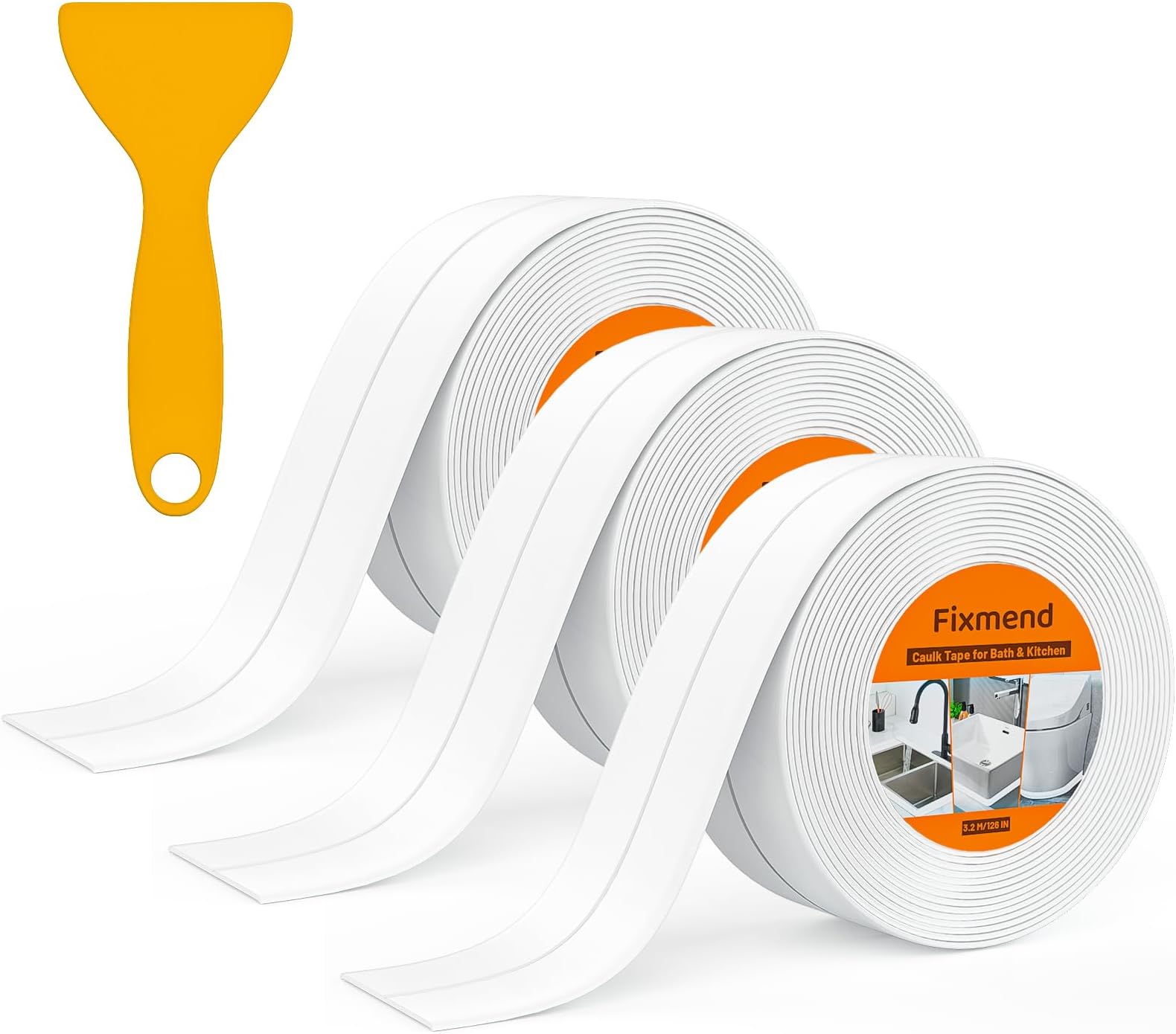 Fixmend 3 Rolls Bath Sealant Strip, Bathroom Sealant Tape Self Adhesive, Waterproof Caulk Strip for Bathroom, Kitchen, Bathtub, Toilet, Wall Floor, with Sealing Tool (126in, White)