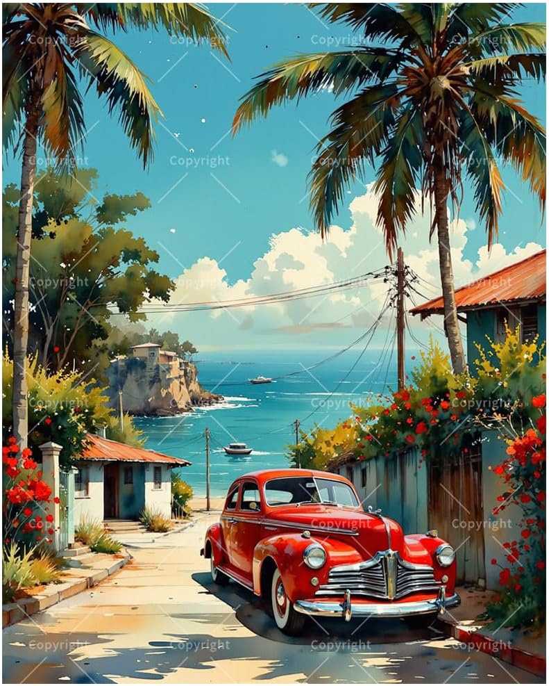 Vintage Car Paint by Numbers Kit for Adults - DIY Red Classic Car on Coastal Road Painting on Canvas, Acrylic Paint Set, Suitable for Beginners, Art for Home Decoration or Gifts(12X16IN Framed)
