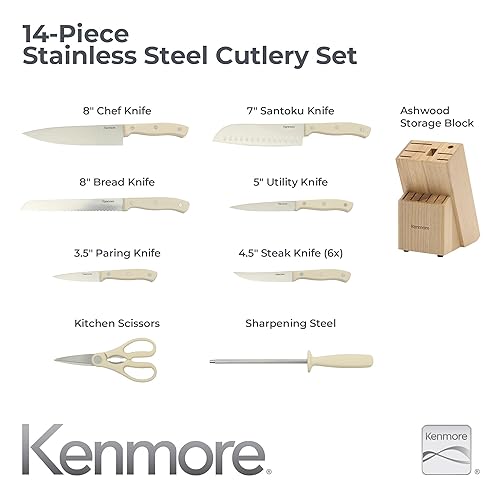 Miniatura 3 de Kenmore Kane - Juego de 14 cuchillos de cocina de acero inoxidable, asas ABS de triple remache, blanco crema, para chef, pan, utilidad, pelar,