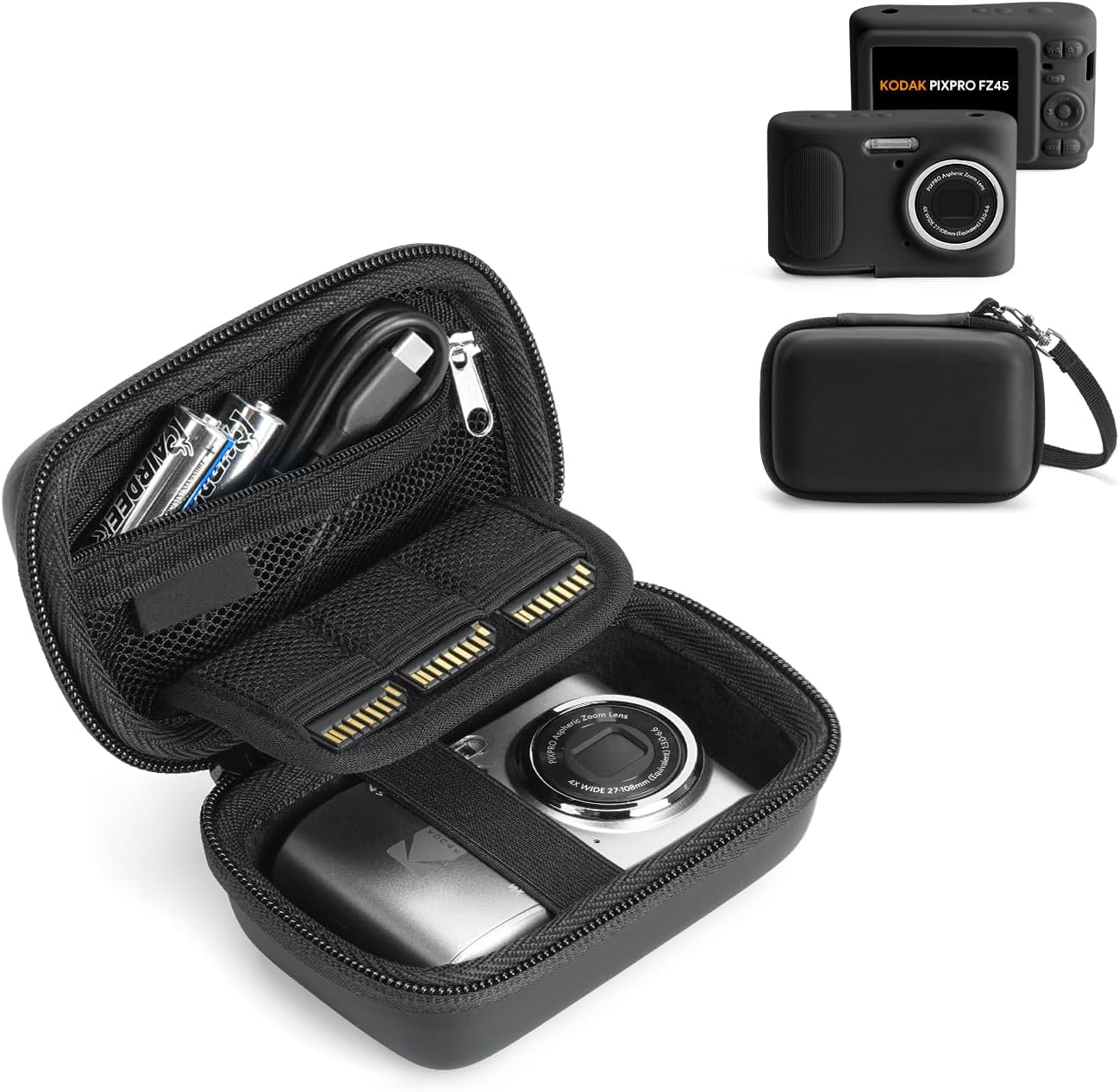 KODAK PIXPRO FZ45 Case Kit – Shockproof Drop-Resistant Hard Case + Silicone Cover, Organized Storage for Battery/SD Card, Anti-Scratch Dustproof, Slim Ergonomic Grip, Black