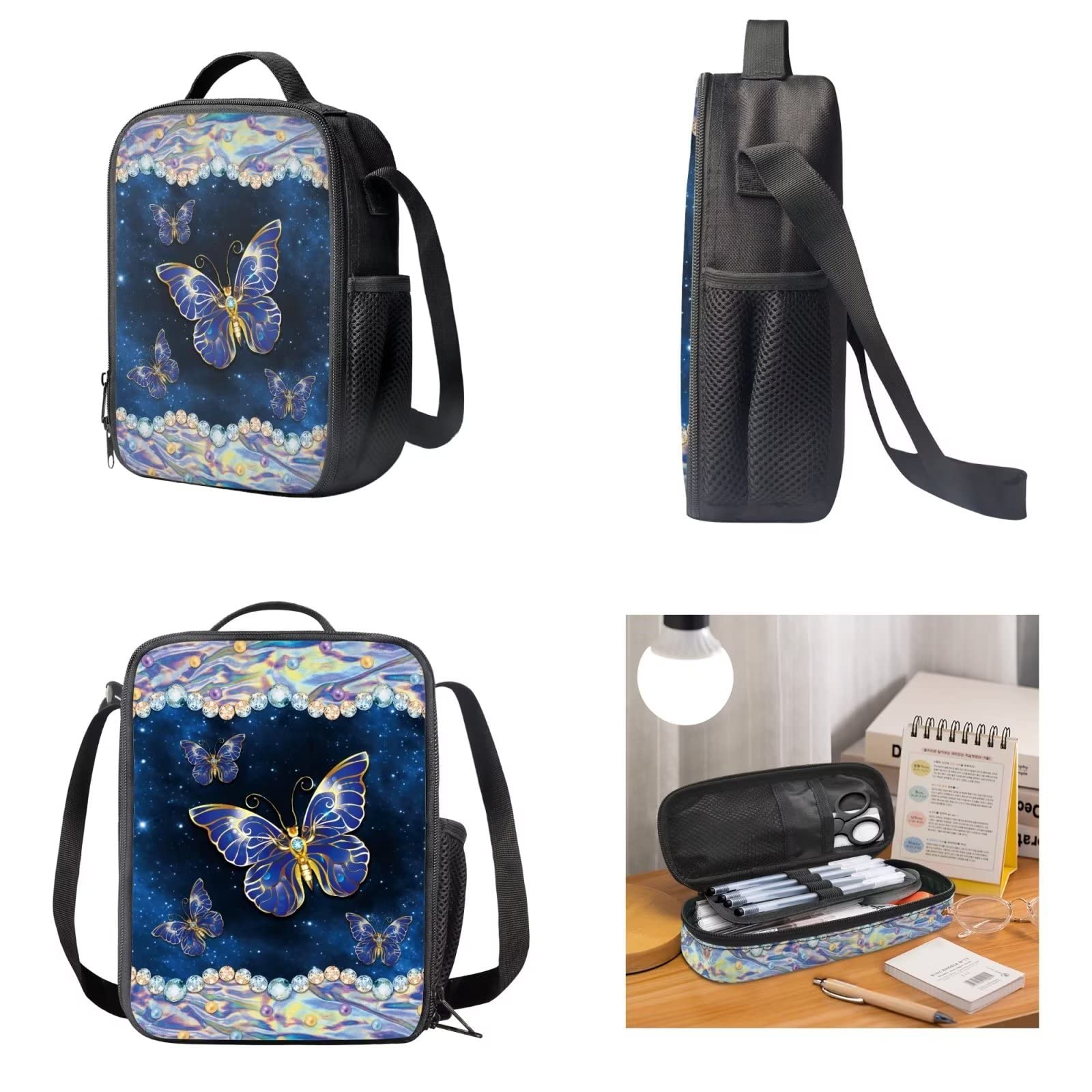 POLERO Mochila escolar de caballos para niños, juego de bolsas de almuerzo, estuche para lápices, 3 piezas, bolsas escolares, Mariposa brillante, Talla única, Mochila infantil