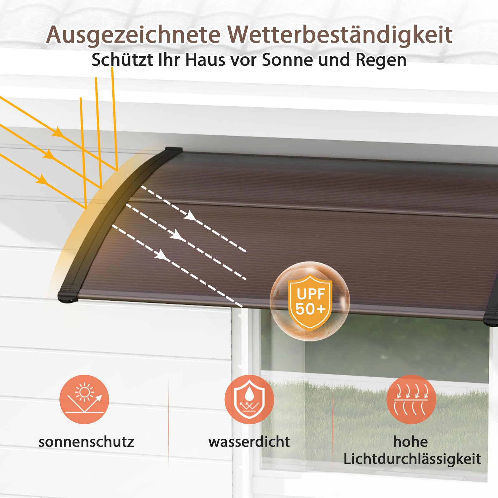 RELAX4LIFE Vordach für Haustür, 122 x 99 cm, Überdachung aus Polycarbonat & Aluminium, Türvordach für Sonnenschutz Regenschutz Windschutz, Pultvordach für Tür Eingang Hauseingang, Kaffee