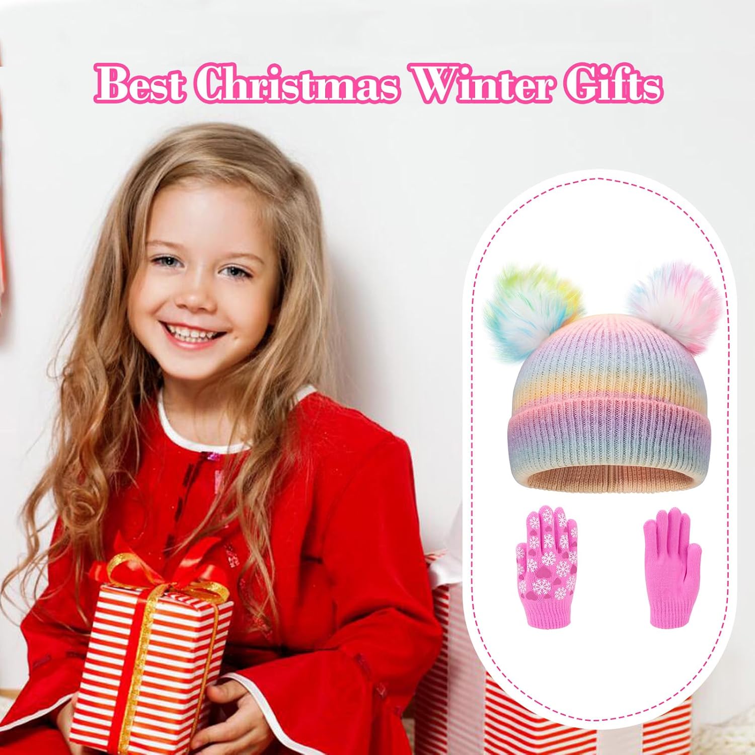 Girls Knit Beanie Hat and Glove Set Tie Dye Rainbow Pom Pom Beanies for Kids Winter Snow Ski Hats Caps 7-12 Years - Image 7
