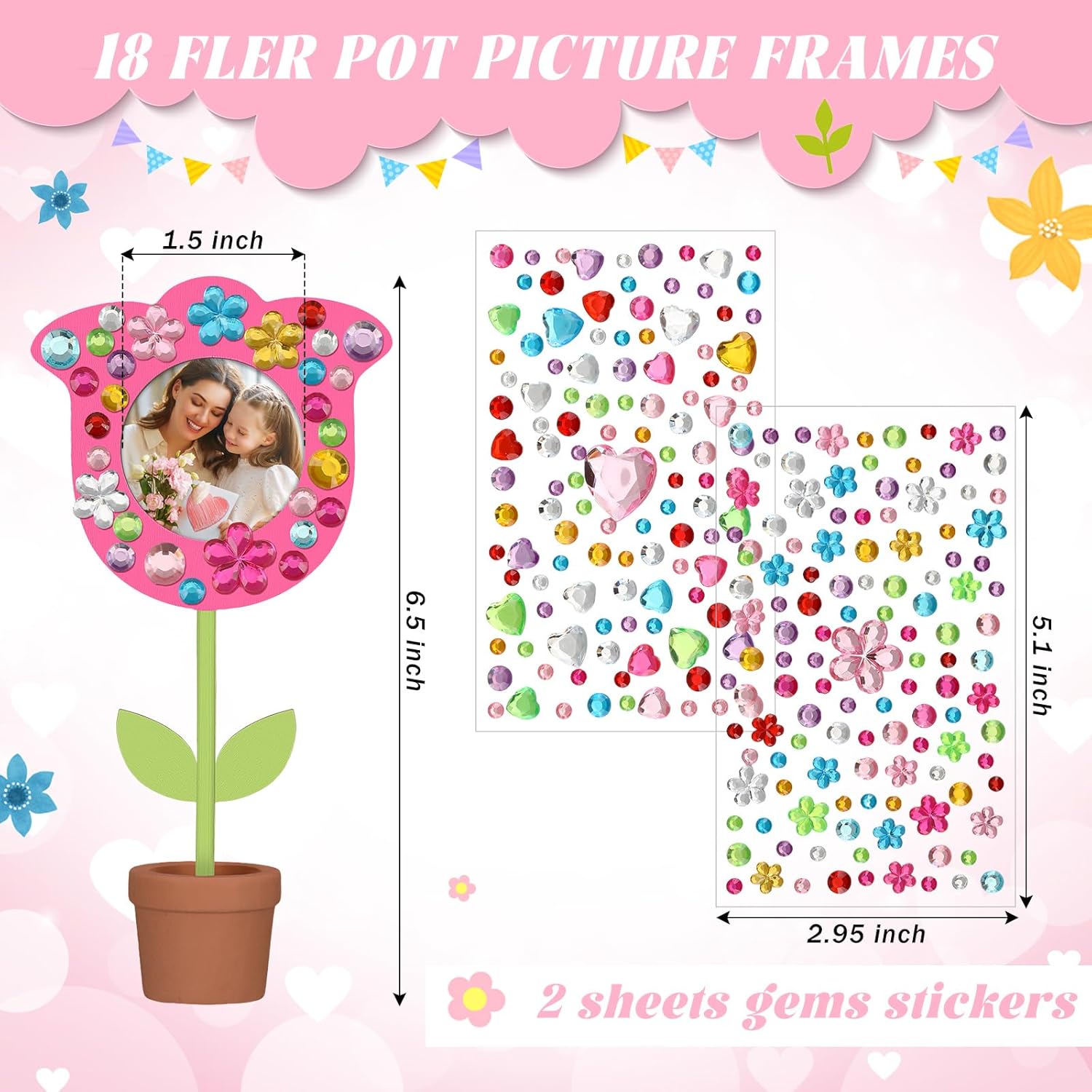 Tellingyou 18 Pcs Spring Craft Bulk Mothers Day Crafts for Kids Classroom Spring Flower Picture Frame Kit Flower Pot DIY Wood Picture Frames with 2 Gems Stickers Gift for Family Kids(Cute Shape)