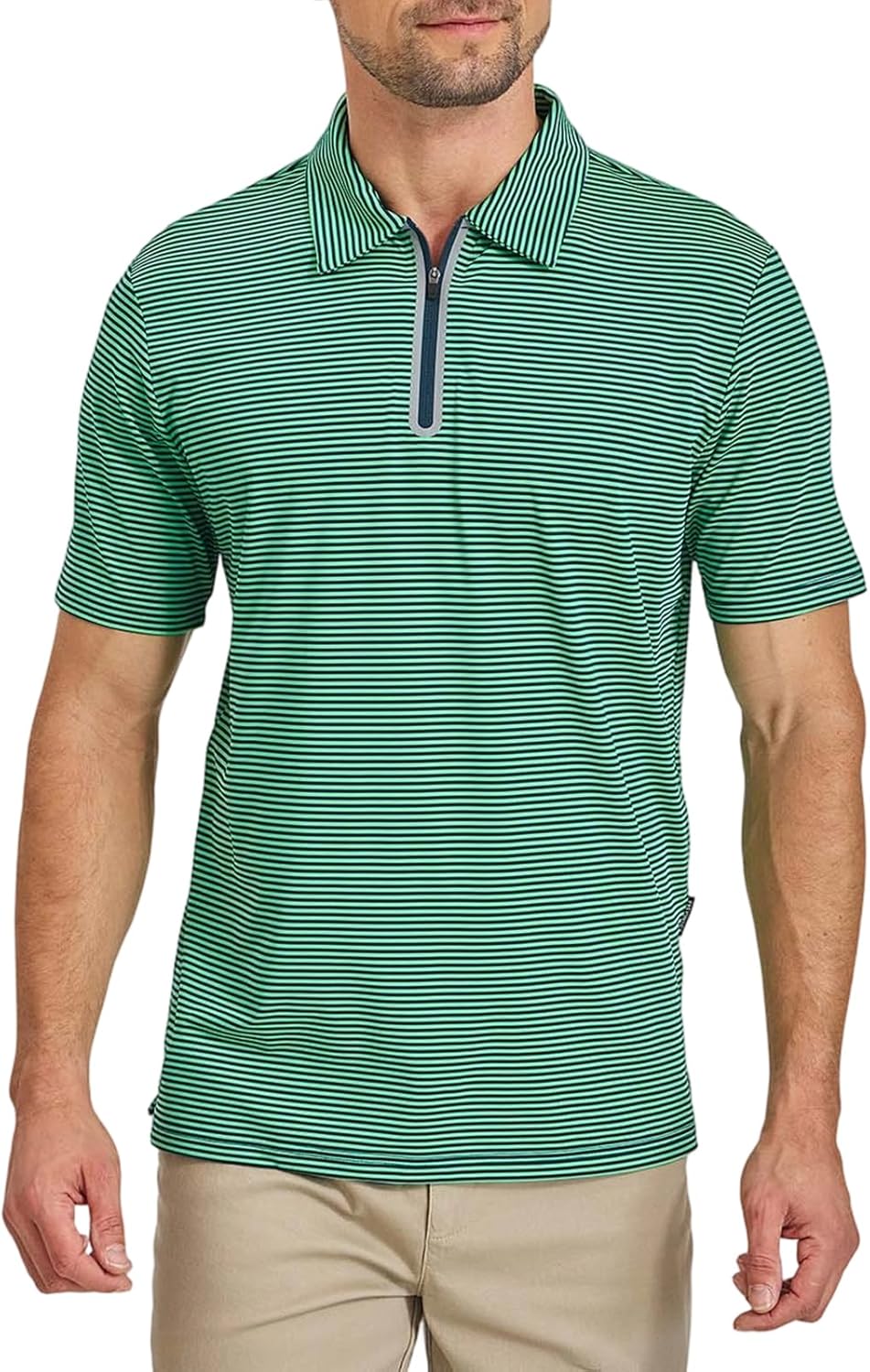 Men's Golf Quarter Zip Performance Short Sleeve Polo - Moisture Wicking Dry Fit Striped Golf Polo Shirts for Men