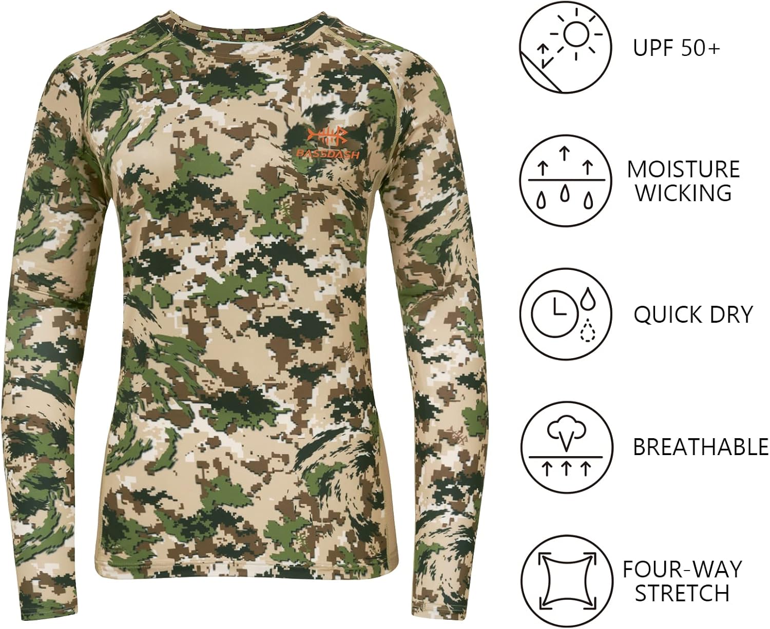 BASSDASH Women’s Camo Hunting Shirt Long Sleeve UPF 50+ Sun Protection Performance Tee Fishing Hiking
