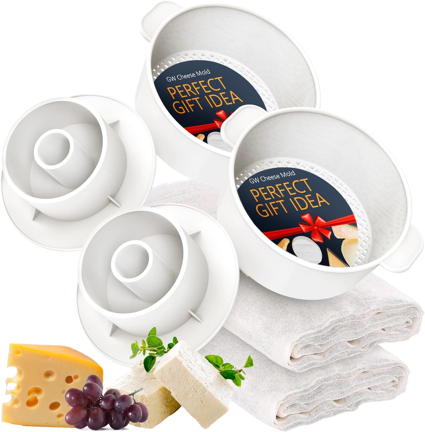 2 PCS Cheese Mold 1,6QT - 2 PCS Follower - 2 PCS Cheesecloth 100% Cotton for Semi-Hard and Hard Cheeses- Homemade Cheese Making Supplies - Molde Para Queso Fresco Casero - Cheese Making Kit Press