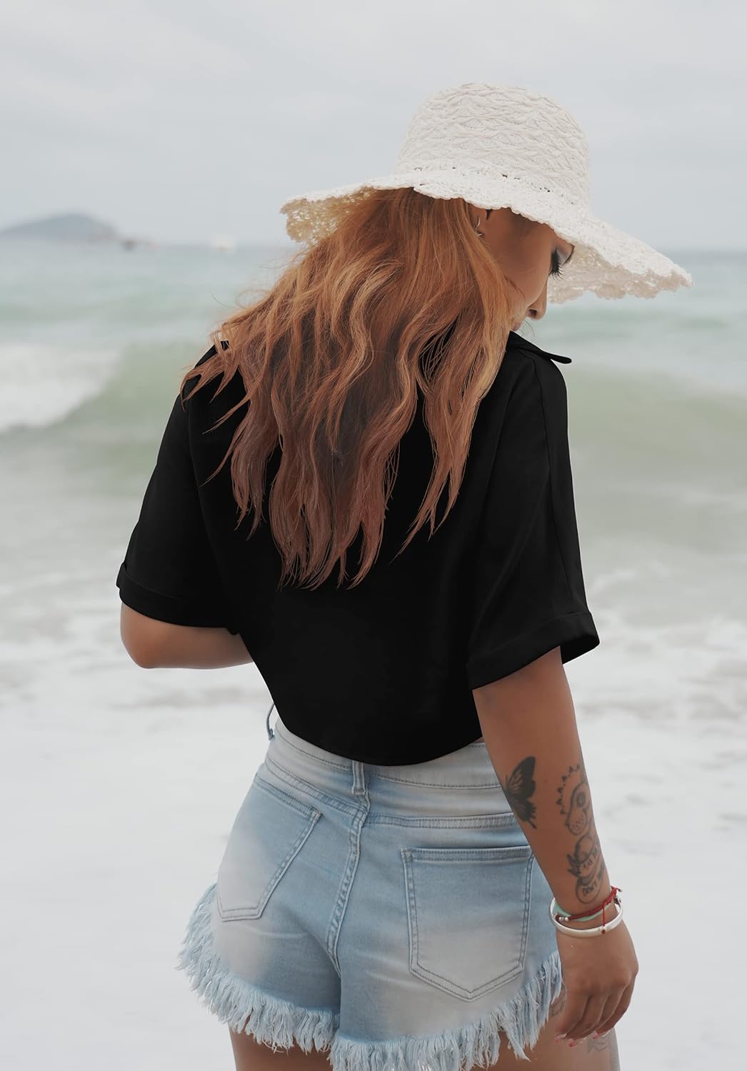 GOBLES Womens Summer Short Sleeve Shirts V Neck Tie Knot Batwing Blouses Tops - Image 4