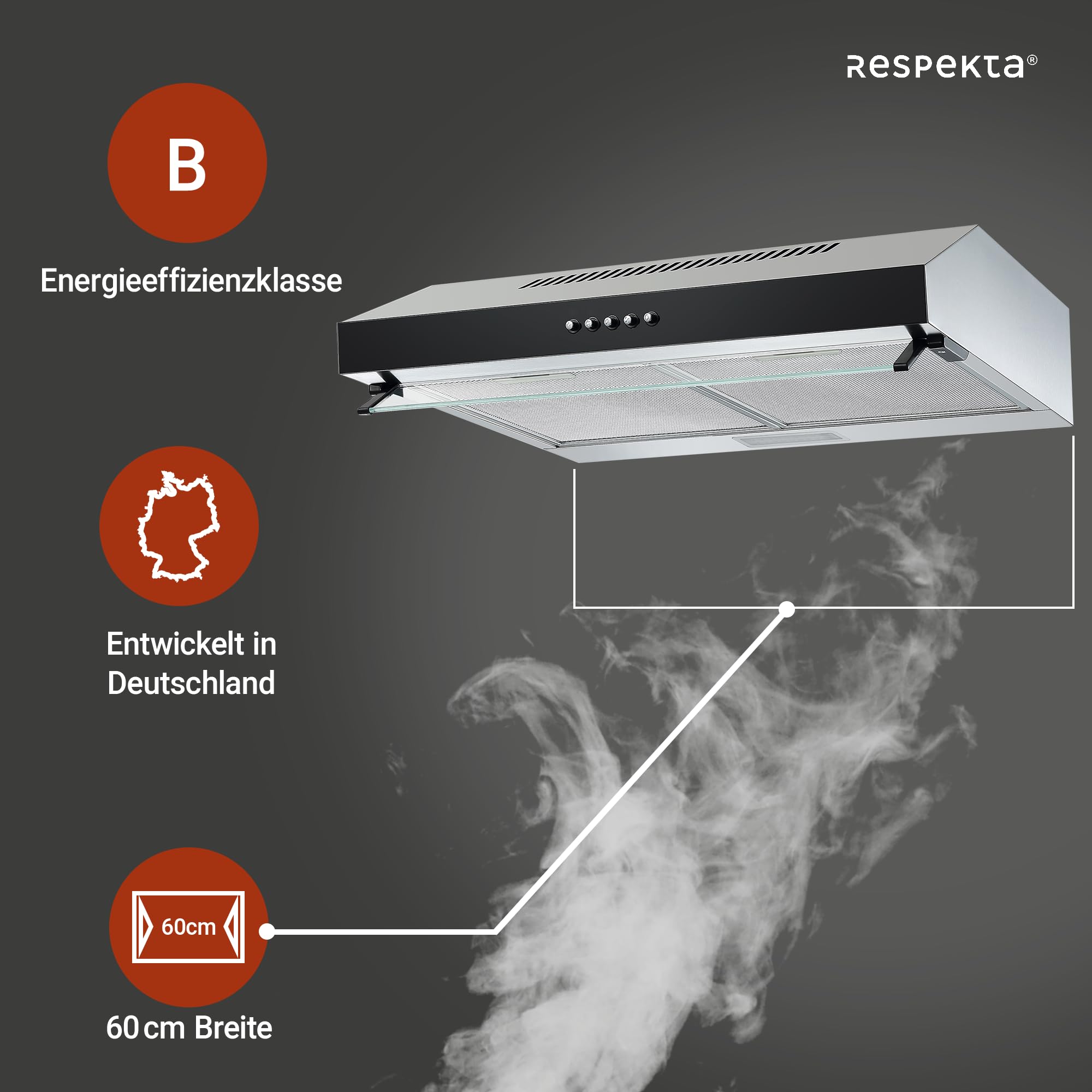 Respekta Dunstabzugshaube Unterbau 60 cm Metallgehäuse Glasfront Schwarz Abluft Umluft CH16060SGB 60-68 dB
