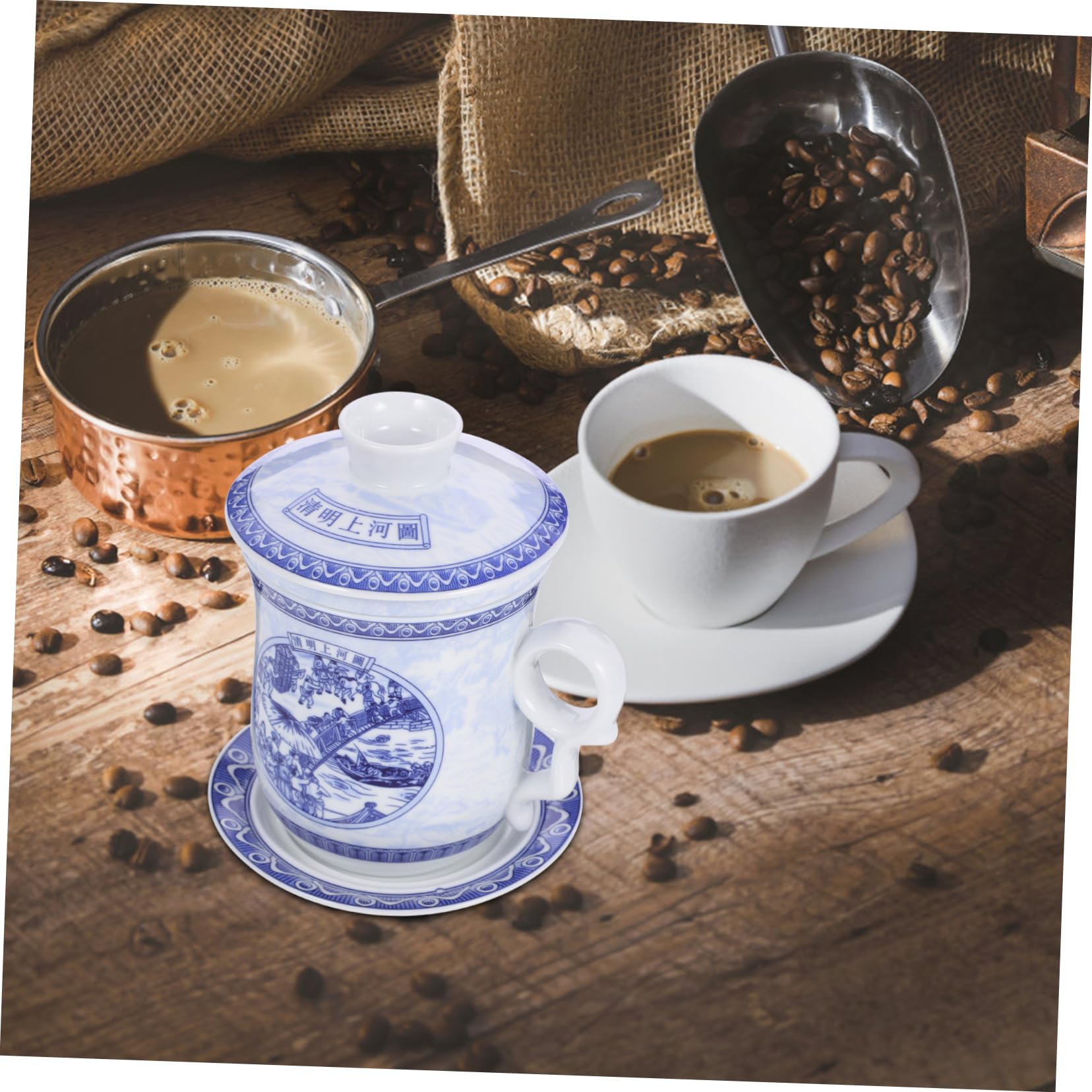 Mobestech Traditionelle Chinesische Teetasse mit Sieb und Deckel Keramikbecher mit Untertasse Chinesisches Teegeschirr mit Klassischem Muster Staubgeschützt für Haushaltsgebrauch und