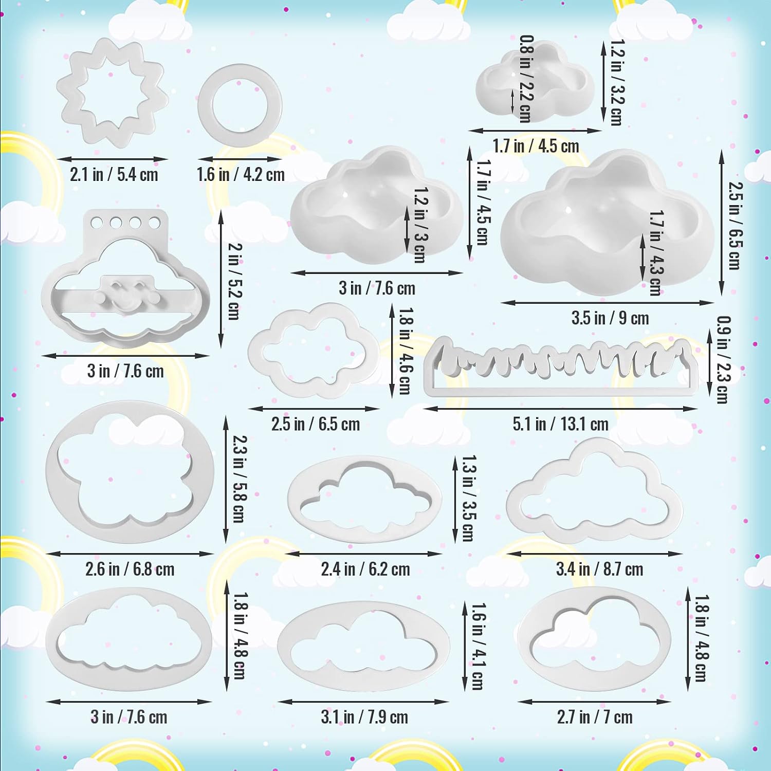 14 Pieces Cloud Shape Mold Set Cloud Cookie Cutters 3D Cloud Silicone Molds Fondant Cloud Cutter Cake Mold Fondant Cutter