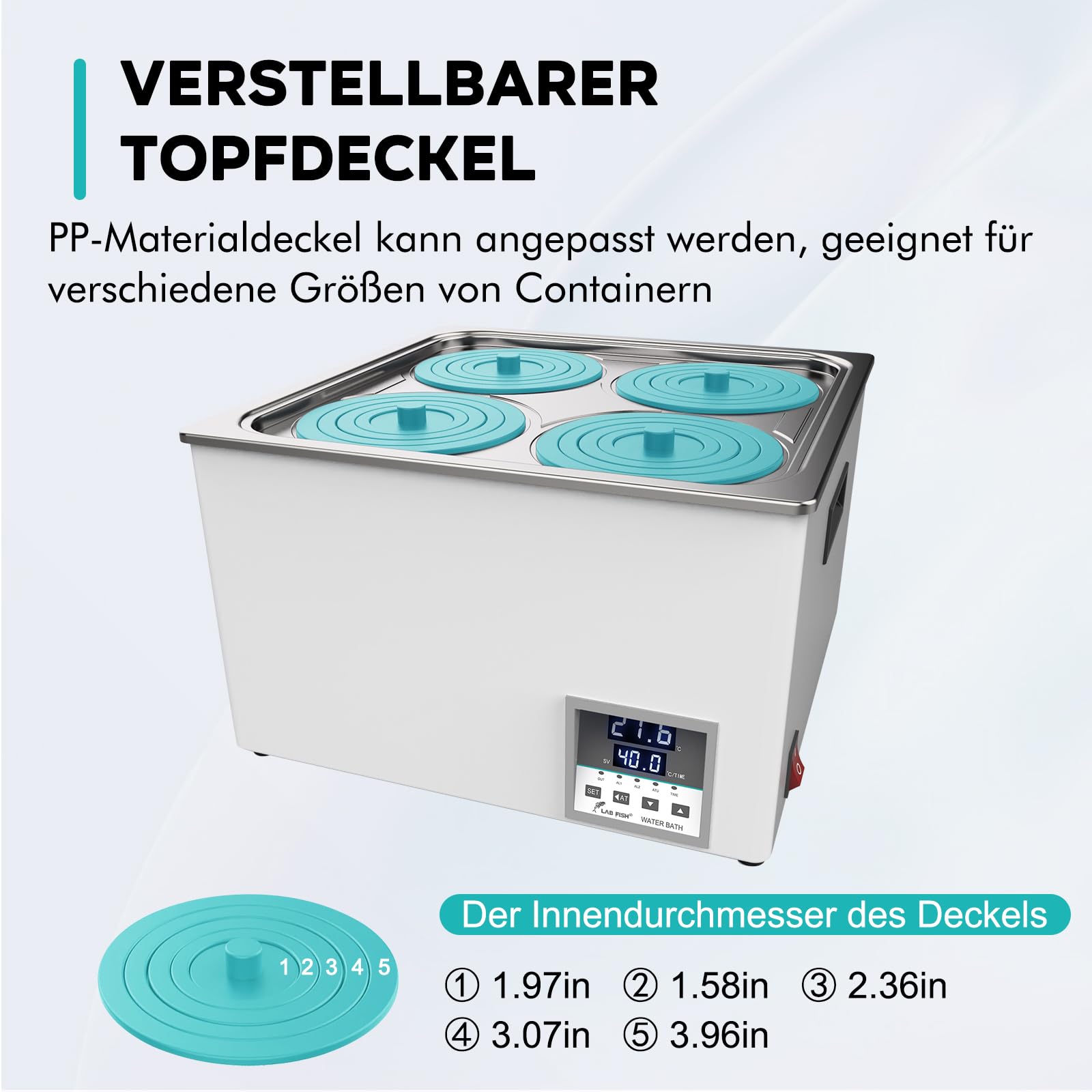 LABFISH Lab Digital Water Bath 6L Capacity Thermostatic Heater Labor Heizgeräte Edelstahl Liner mit wählbaren Öffnungen für Experiment 4 Öffnungen