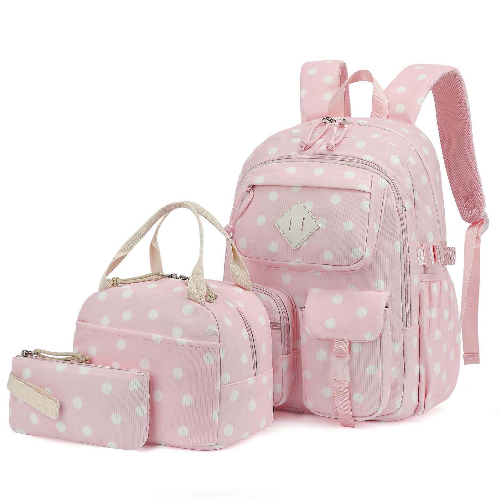 3-teiliges Schulrucksack-Set aus Cord für Mädchen, Kinder, großes Fassungsvermögen, Schultasche, Büchertaschen-Set mit Lunchbox und Federmäppchen, Cord, gepunktet, 16.5" x 11.9" x 6.3", Casual
