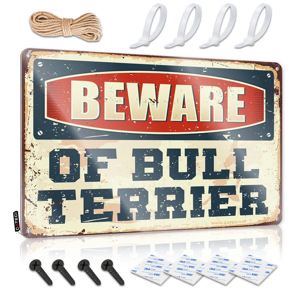 HELIOFORGE Tin Signs Funny Vintage Beware Of Bull Terrier Sign Gaming Metal Tin Decor Man Cave Sign Funny(30X40CM)