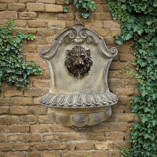 Fontaine Murale Antique Leon Art-Pond | Polyrésine Légère et Résistante | Décoration Jardin et Intérieur Beige Antique | 35x19x48,5 cm | Pompe et Éclairage LED Blanc Chaud Inclus