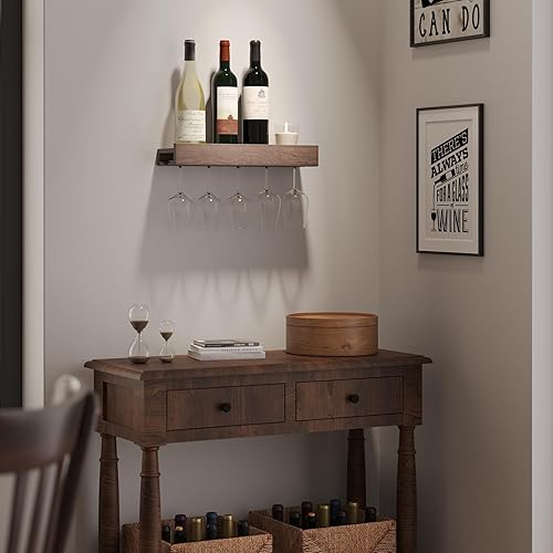 Miniatura 3 de Rustic State Smith - Estante flotante de madera para botellas de vino con soporte para cristalería, organizador de almacenamiento para el hogar,