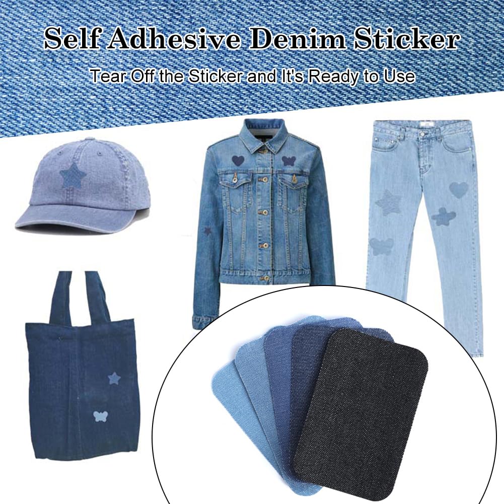 Toppe Adesive Per Tessuti Jeans, 24 Pezzi Toppa Termoadesiva Tessuti Denim, Cotone Stirabili Dentro & Fuori Kit di Riparazione per Vestiti, Pantaloni, Tessuto 7.5 cm x 10.5 cm (Sfumature di Blu
