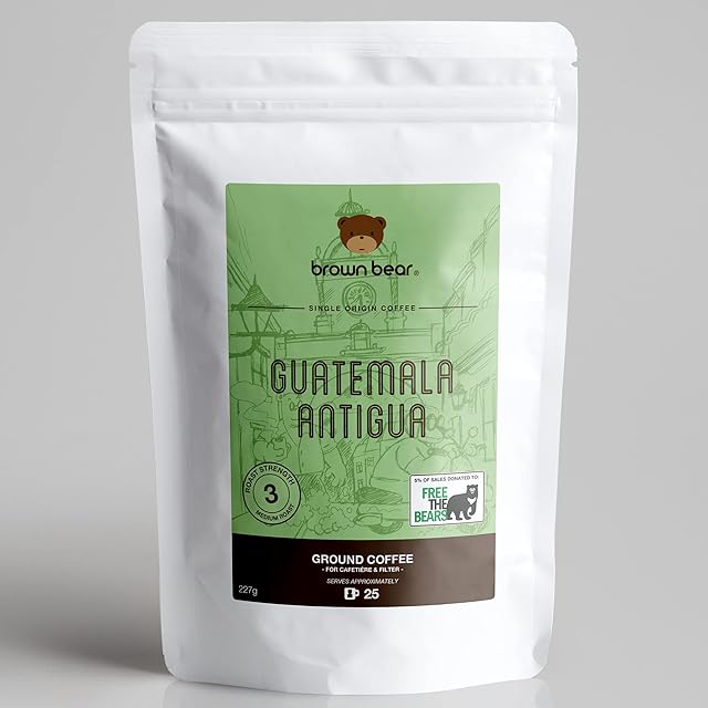 Guatemala Antigua Ground Coffee 227g - For French Press Cafetiere Filter Drip V60 Aeropress - Brown Bear Guatemalan Coffee - Medium Roast - Strength 3 - Donation to Free The Bears