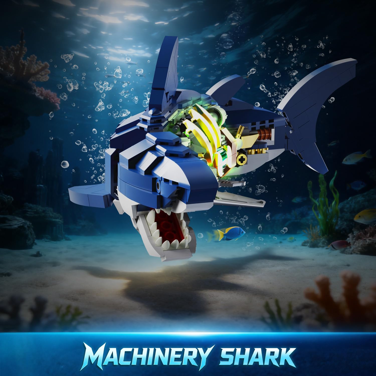 INSOON Juego de construcción de tiburón mecánico con luz LED, 687 Piezas de Animales oceánicos móviles con Soporte de exhibición, Juguete de Bloque de construcción de Peces de mar, Regalo de