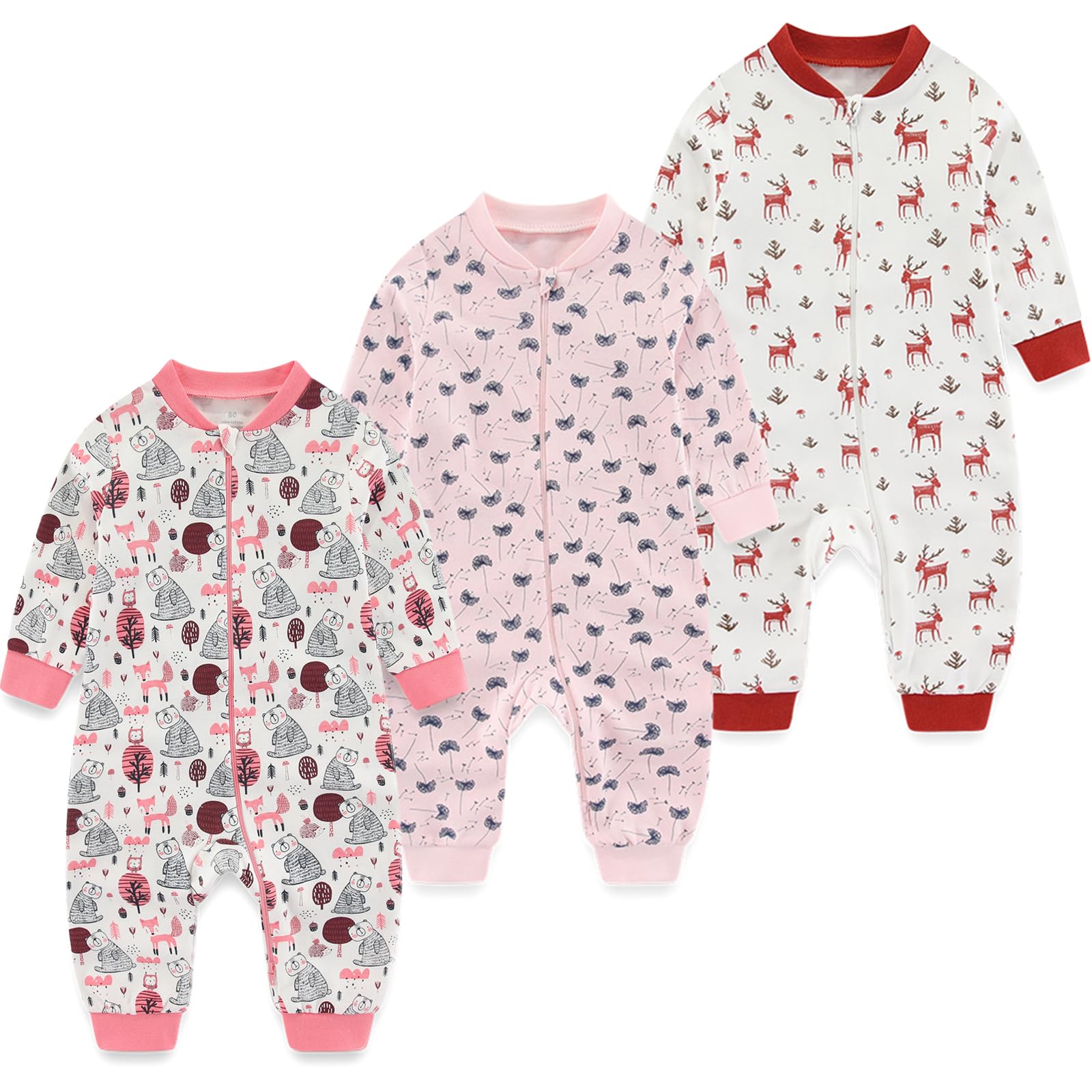 MAMIMAKA Newborn Baby 2-way Zipper Romper Cotton One-piece Jumsuit 3-pack, 0-24 Months