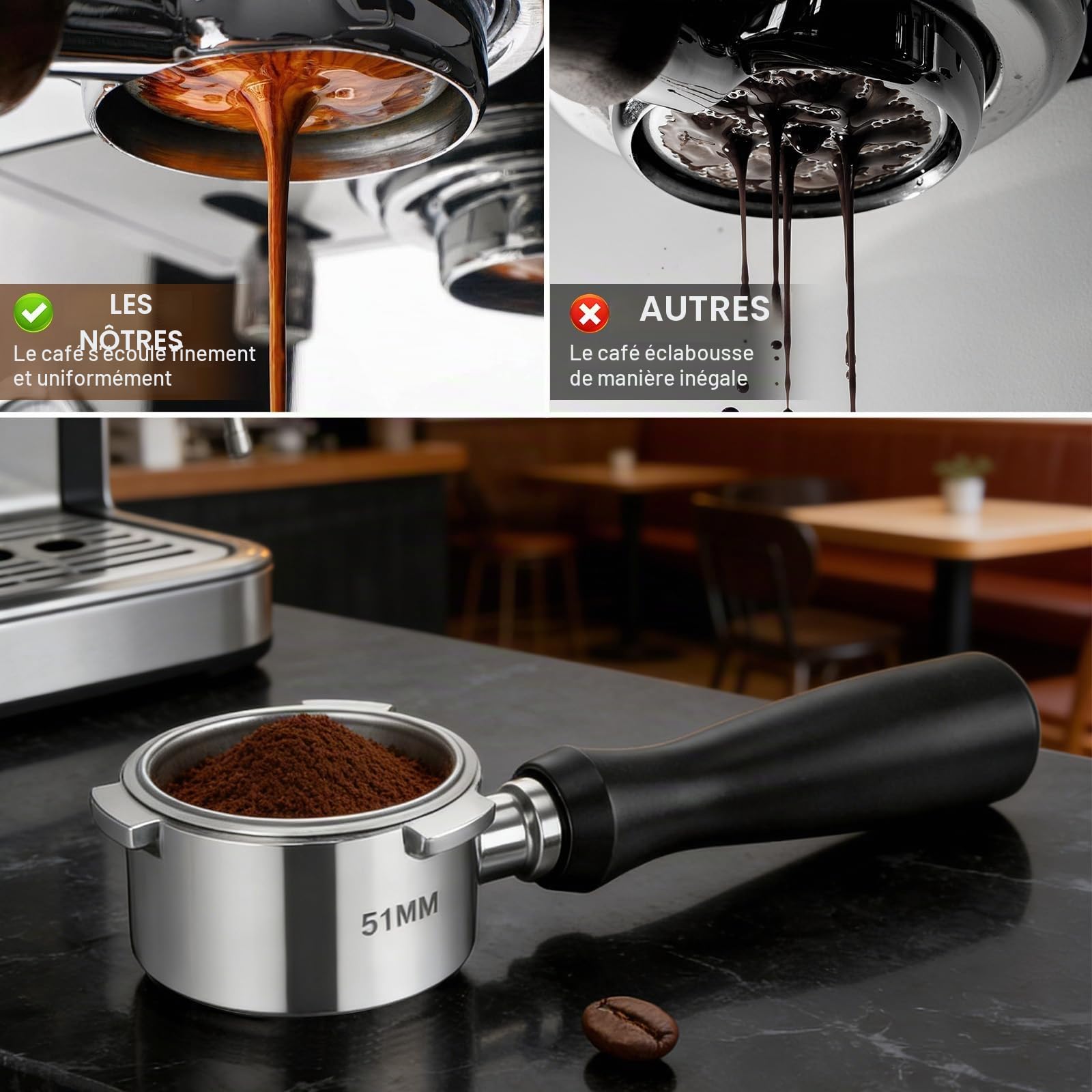 VINATO Porte-filtre sans fond 51mm – Construction entièrement métallique | Compatible avec DeLonghi EC680 / EC685 / EC885 / EC890