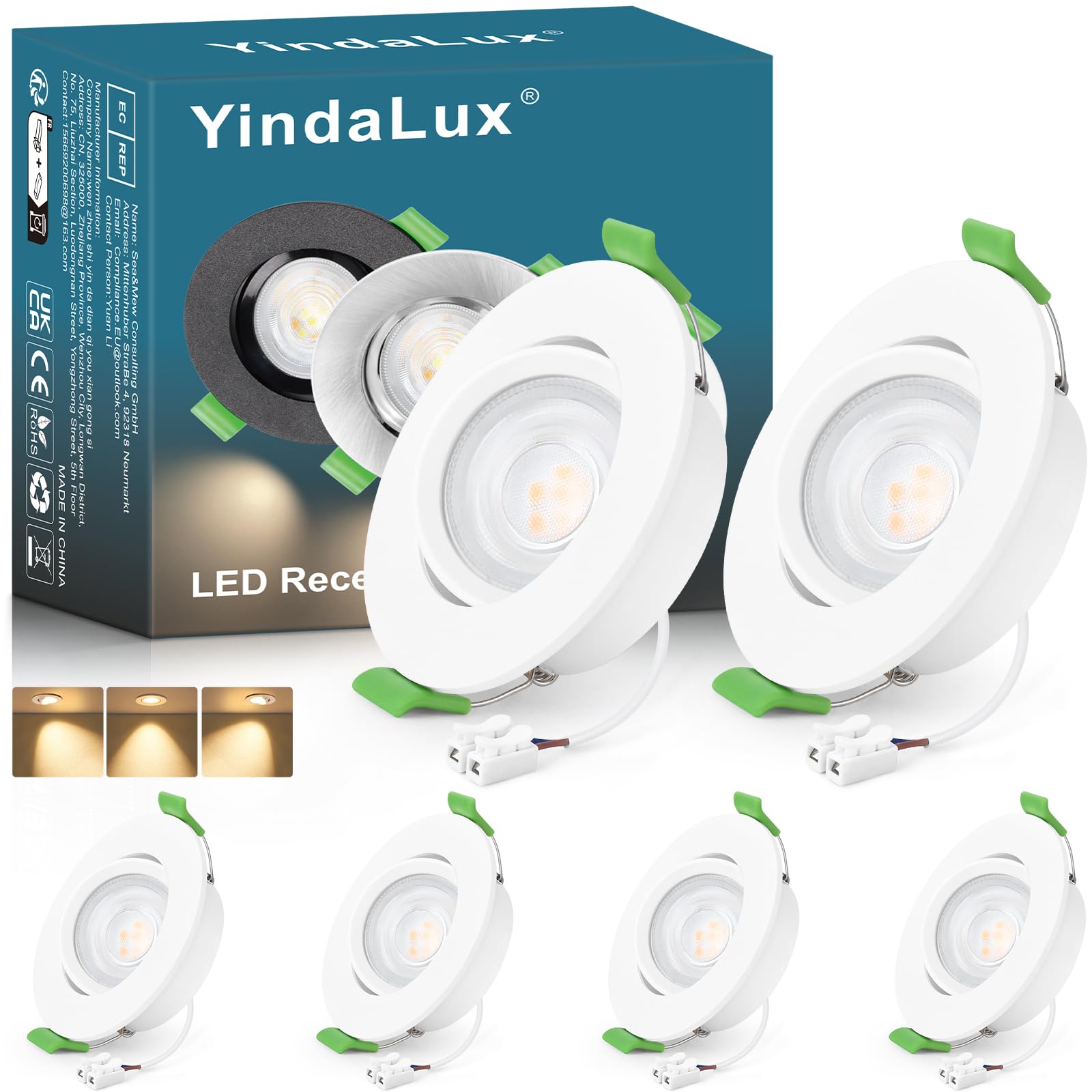 YindaLux 6x Foco empotrable LED 230V 5W 550LM 45° Orientable IP44 Spot de techo 2700K Luz cálida Spot LED Taladro 68mm Luz empotrada Plana GU10 Spots empotrable para Baño Salón Blanco, No regulable