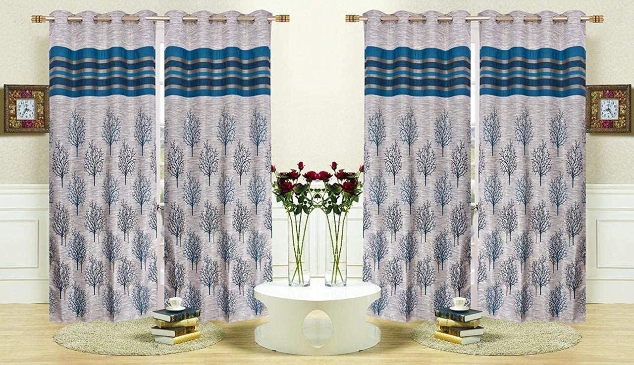 TihomeE20 Eyelet 7ft Curtain Drapes for Door | Blackout Tree Printed Panels for Home and Office | Polyester Blend & Jute Curtains for Living Room, Kitchen, Hall, 4 x 7 Feet, Pack of 4, Blue