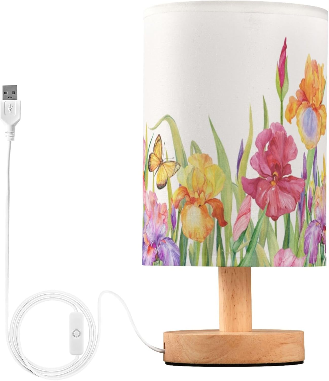 Table Lamp Iris Flower Field with Butterfly Green Leaf Nature Floral Nightstand Lamp with Wood Base Fabric Lamp Shade Bedside Desk Lamp for Living Room Bedroom Kids Room Office
