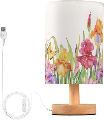 Table Lamp Iris Flower Field with Butterfly Green Leaf Nature Floral Nightstand Lamp with Wood Base Fabric Lamp Shade Bedside Desk Lamp for Living Room Bedroom Kids Room Office