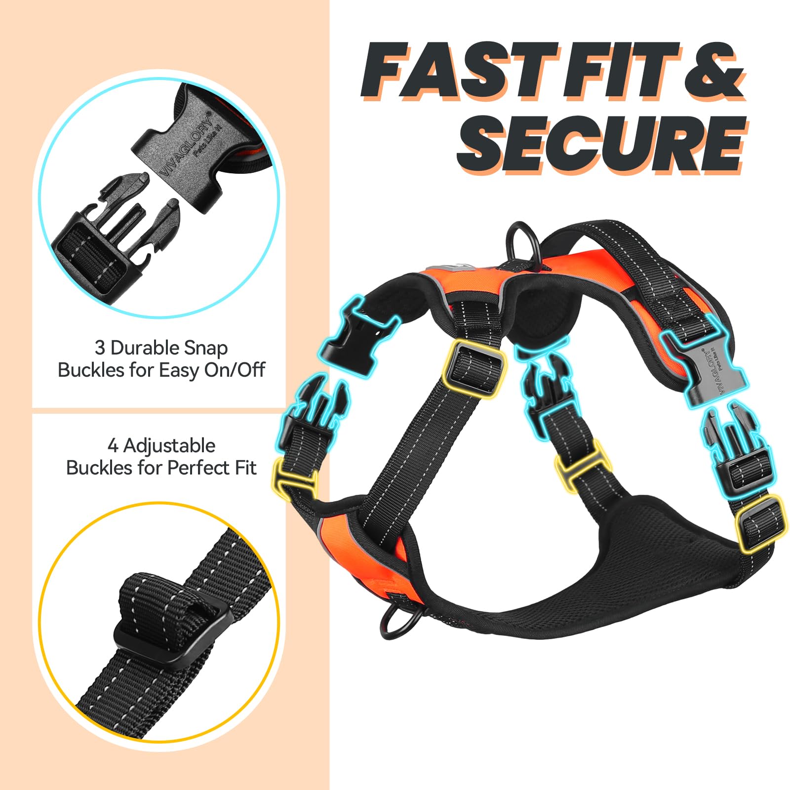 VIVAGLORY Dog Harness Easewalk No Pull Dog Harness with Handle Front Clip & Back Clip for Training Walking Lifting, No Pull Adjustable Easy On Padded Comfortable for Pet, L, Orange - Plain - image 3