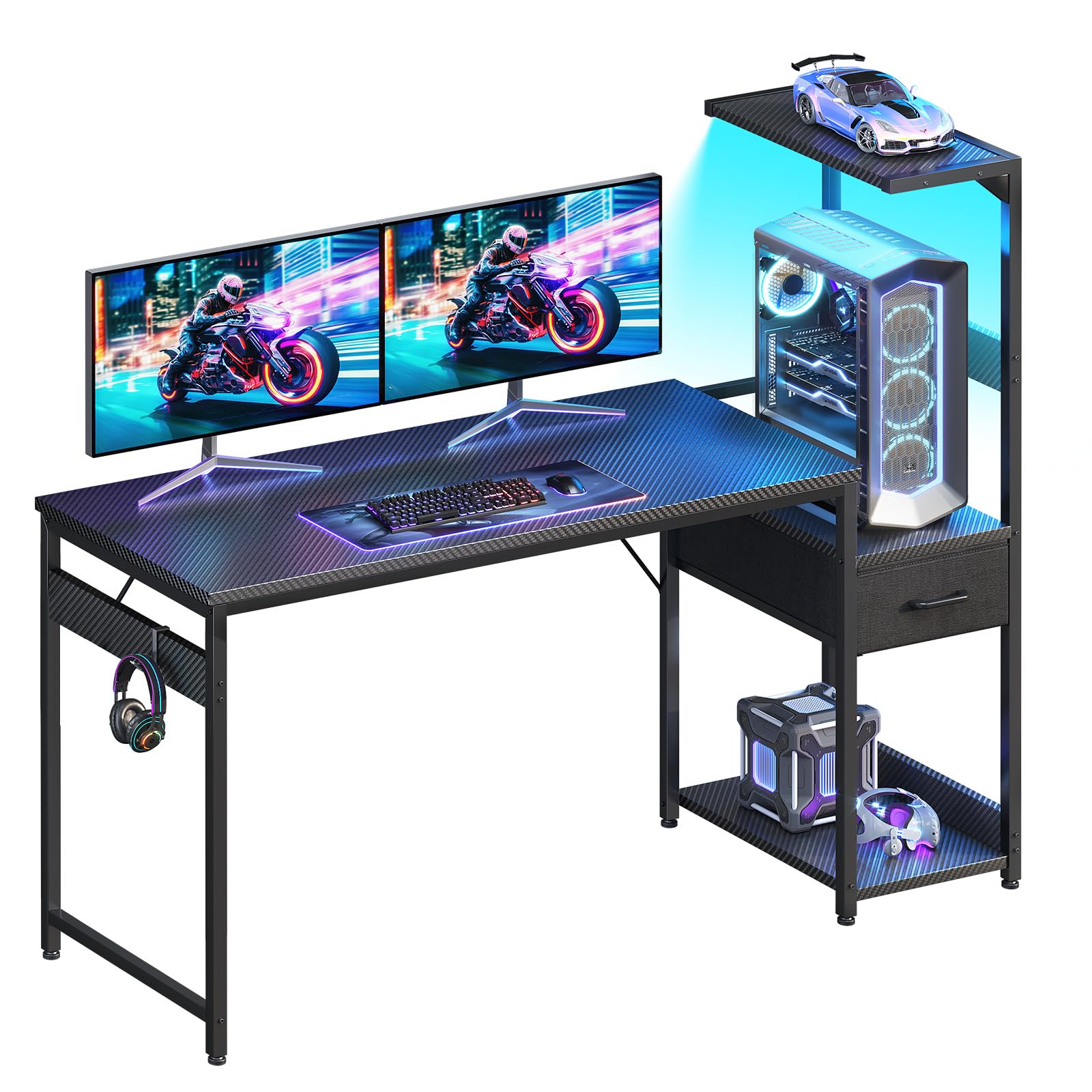 Casaottima 54 Inch Gaming Desk with Storage & LED Lights, Reversible Computer Desk with Display Shelves & Fabric Drawer, Modern Gamer Desk Table with Side Headphone Hook, Carbon Fiber Black
