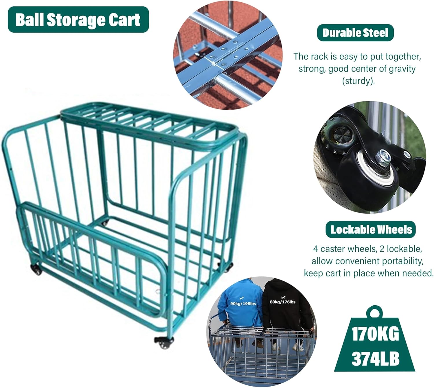 Indoor Sports Ball Storage Rack on Wheels, Multi-Sport Display Stand for Basketball, Football, Volleyball - Rolling Cart with Lock for Garage, Gym, School Organization