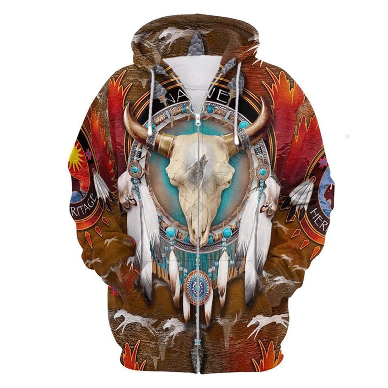 kewingMen's Hoodies Native American Indian Tattoo Print Pullover Hooded  Sweatshirt Retro Loose 3D Print Ethnic Totem Zip Jacket