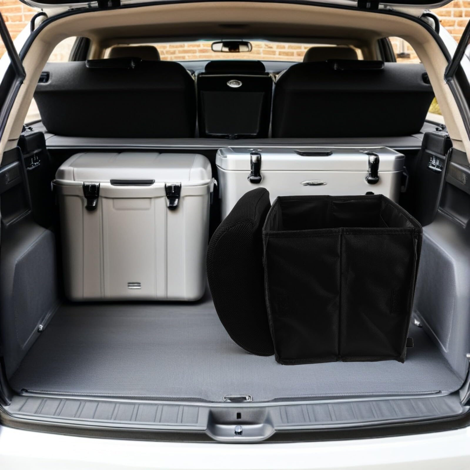 Hemobllo Scatola di Stoccaggio Pieghevole per Bagagliaio Auto con Cuscino Lombare, Organizer in Poliestere e Spugna Nero, Scomparti Multipli, Design Flessibile per Viaggi in Suv
