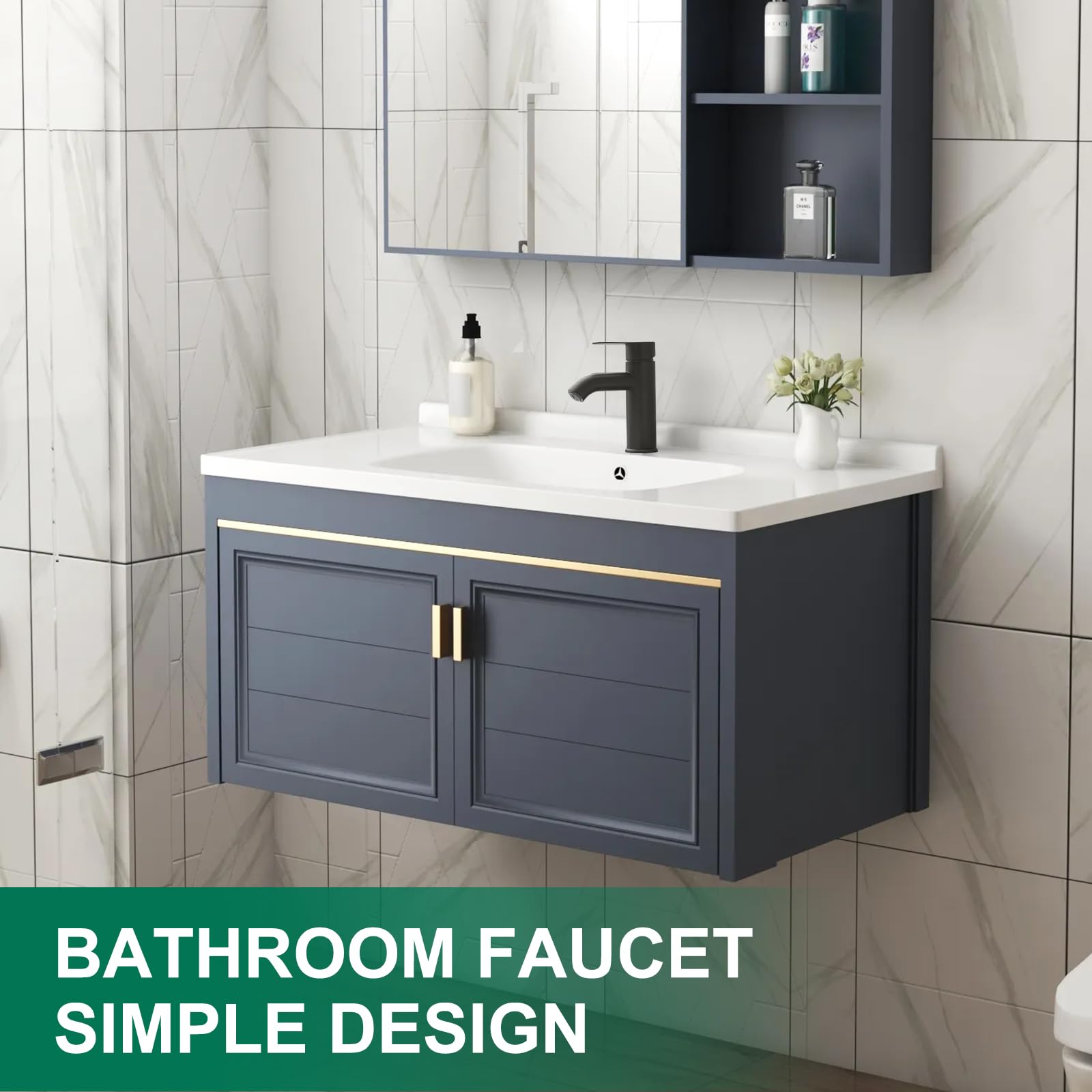 Grifo de Lavabo de baño Negro Mate, Monomando de Acero Inoxidable para lavabos de 1 o 3 Orificios con encimera, desagüe emergente y mangueras de Suministro.