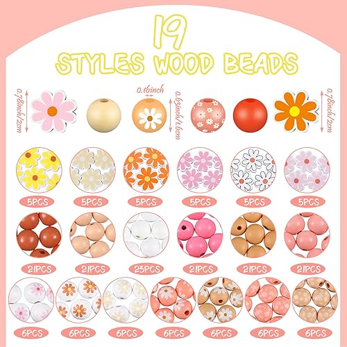 Miniatura 2 de Tradder Juego de 200 cuentas de madera de margaritas de 0.630 in y 0.787 in, redondas, de madera surtida, sueltas, redondas, de margaritas, floral,