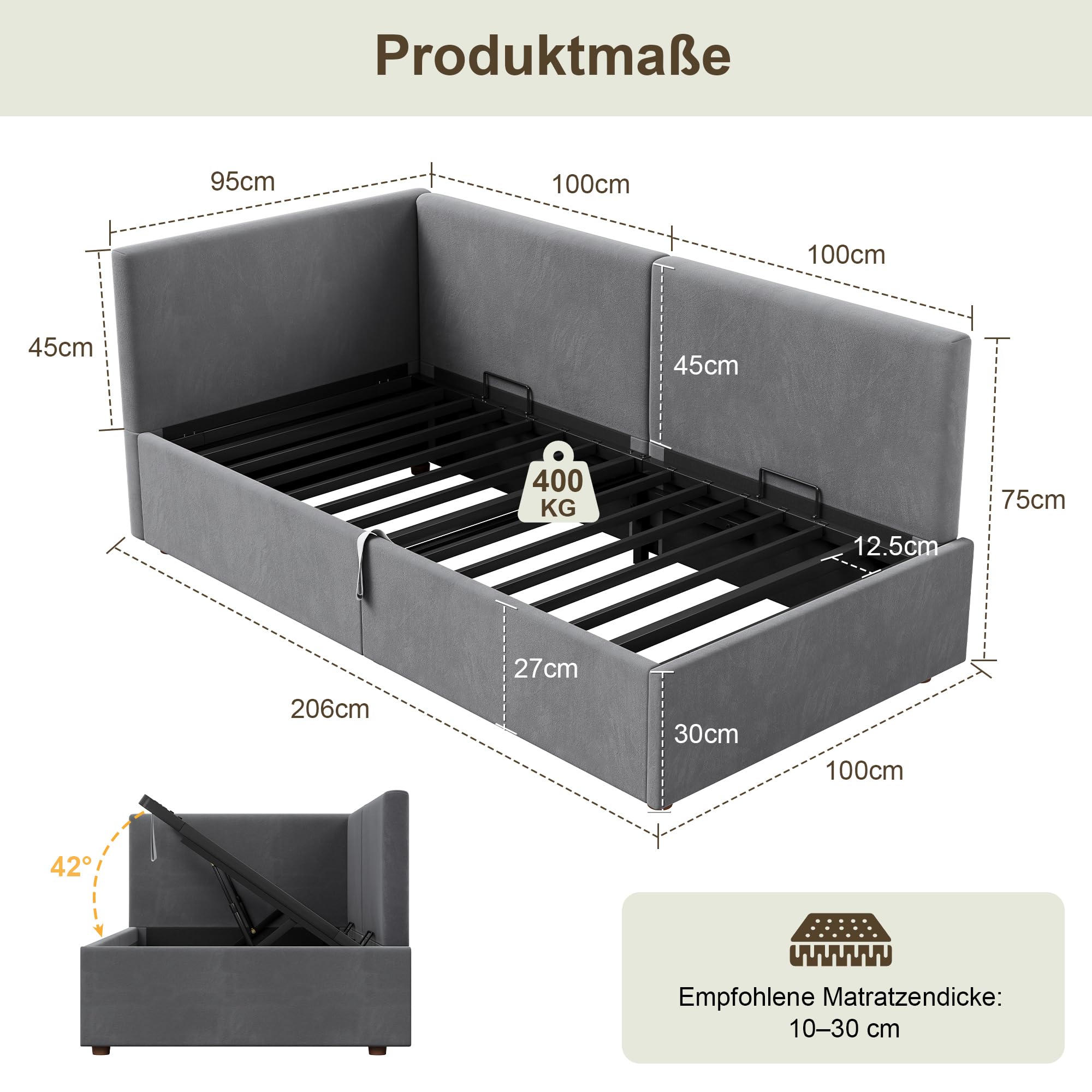 LUXOAK Polsterbett Schlafsofa 90x200 mit Hydraulischem Stauraum & Metall-Lattenrost, Tagesbett aus Samt, Kinderbett Gästebett Jugendbett (Dunkelgrau)