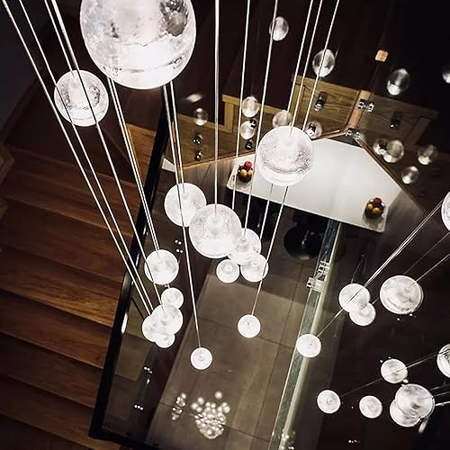 Miniatura 8 de KJLARS Lámpara de araña de cristal LED moderna lámpara colgante de gota de lluvia lámpara de techo de bola de cristal 26 luces para escalera sala de