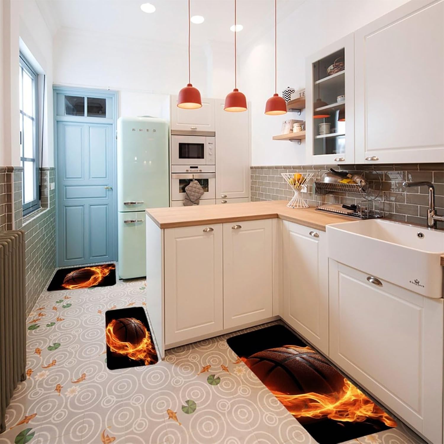 Basketball On Fire Kitchen Mats for Floor 3 Pcs Kitchen Rugs