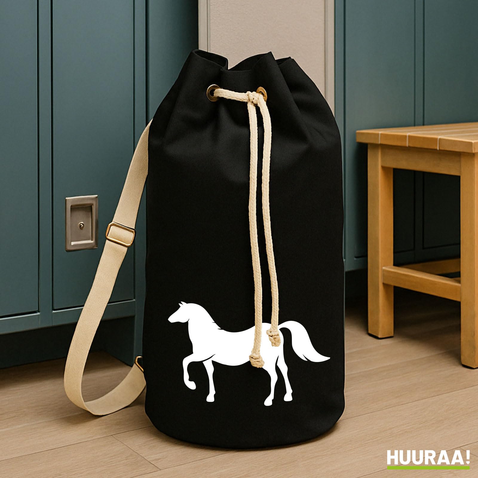 Huuraa Seesack Pferd Silhouette 20 Liter Black Baumwolle Rucksack Geschenkidee