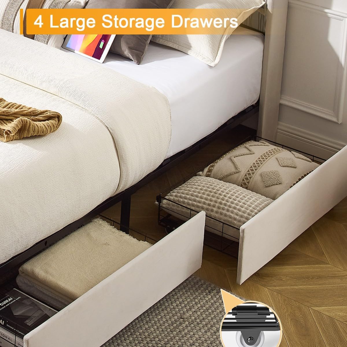 King Size Upholstered Bed Frame with 4 Drawers & Storage Headboard, Velvet Platform Bed Frame with Handy Charging Station, No Box Spring Needed, Easy Assembly, Noise Free, Beige