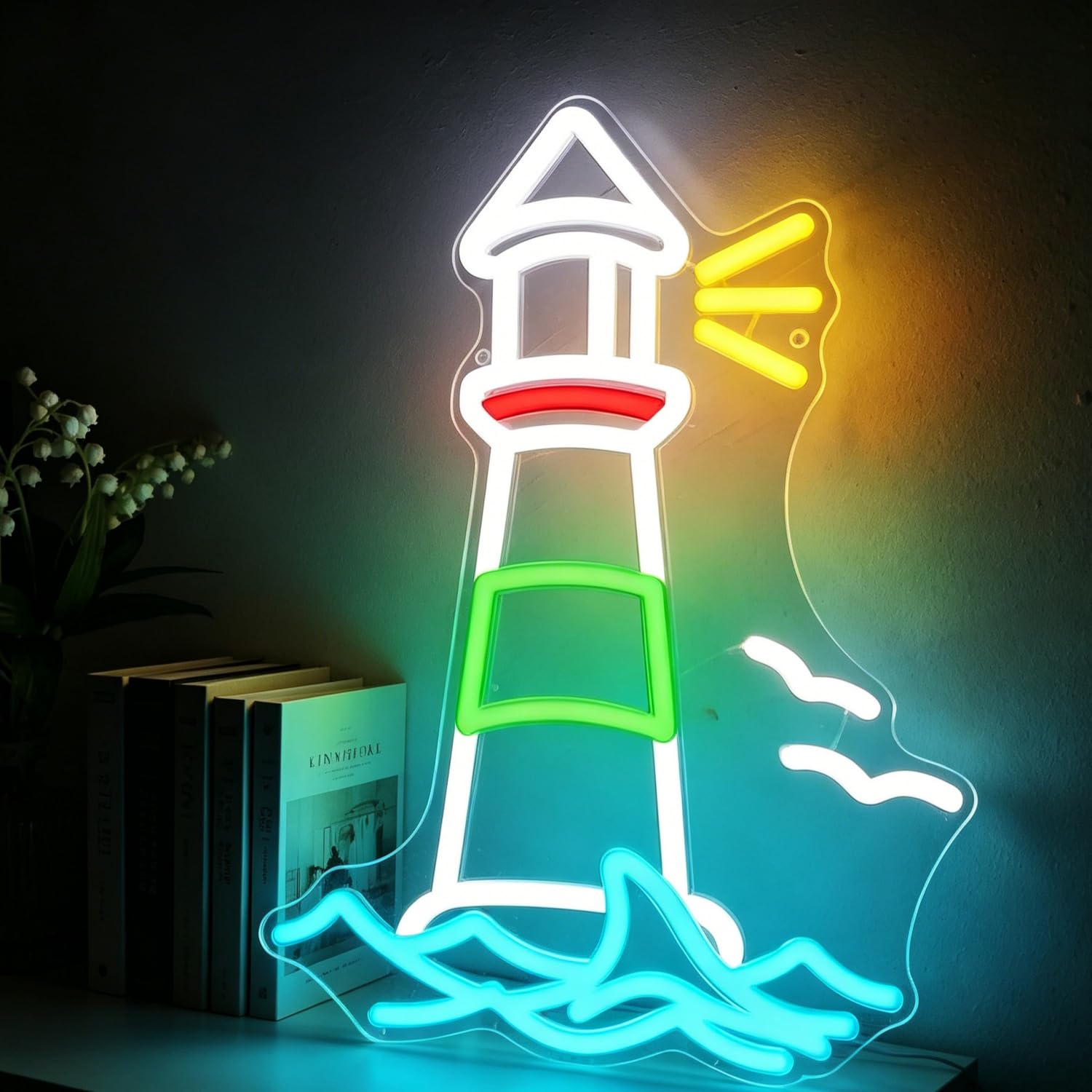 Lighthouse Neon Sign LED Neon Lighthouse Sign Light Up for Wall Decor, Dimmable USB Powered Neon Light for Ocean Theme Pattern Beach Seaside Resort Decoration Room Living Hotels 16.73”x12.40”