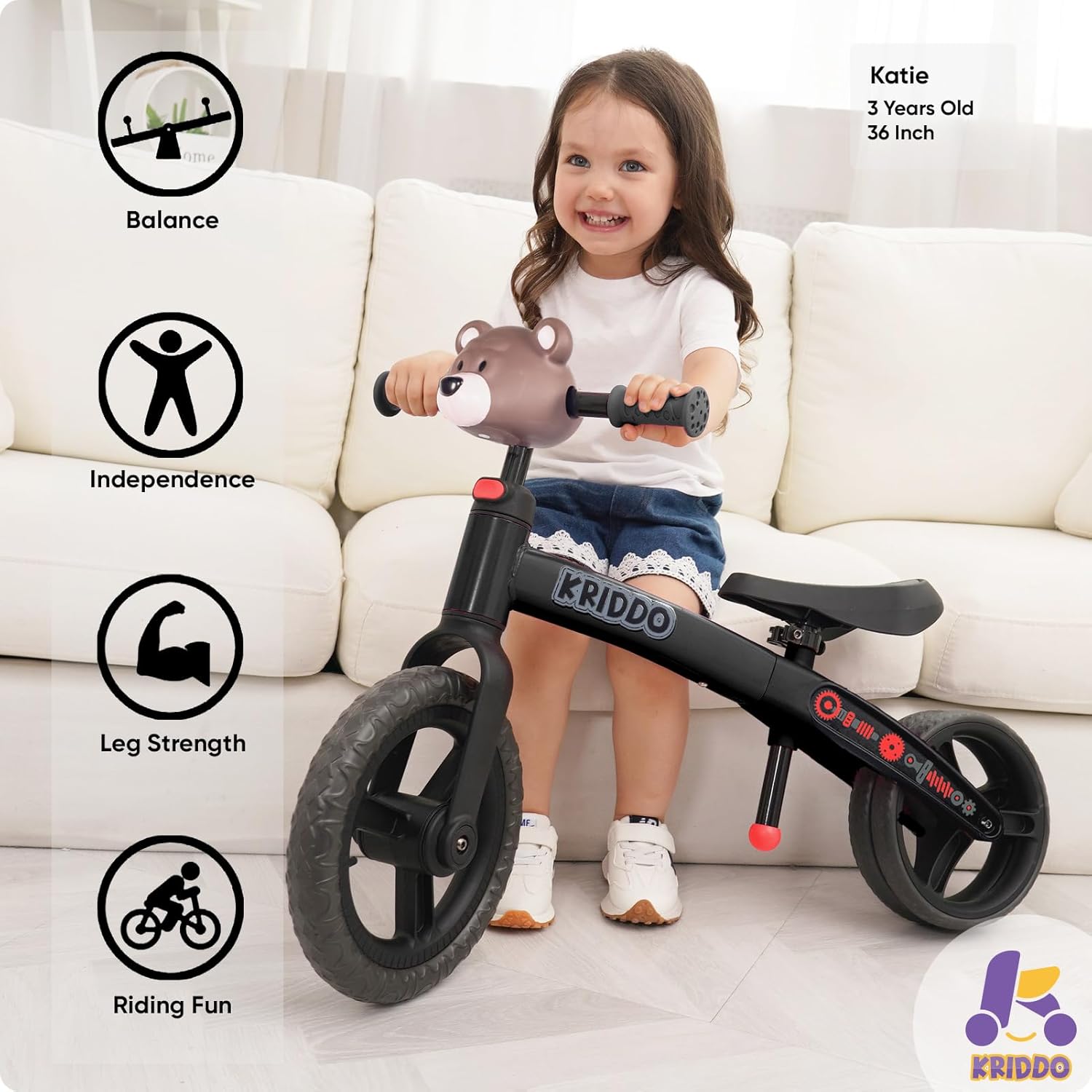 KRIDDO Toddler Balance Bike 3 Year Old, Age 24 Months to 5 Years Old, Modern Style, Early Learning Interactive Push Bicycle, Gift Bike for 2-5 Boys Girls, Dual Rear Wheel, Black : Sports & Outdoors