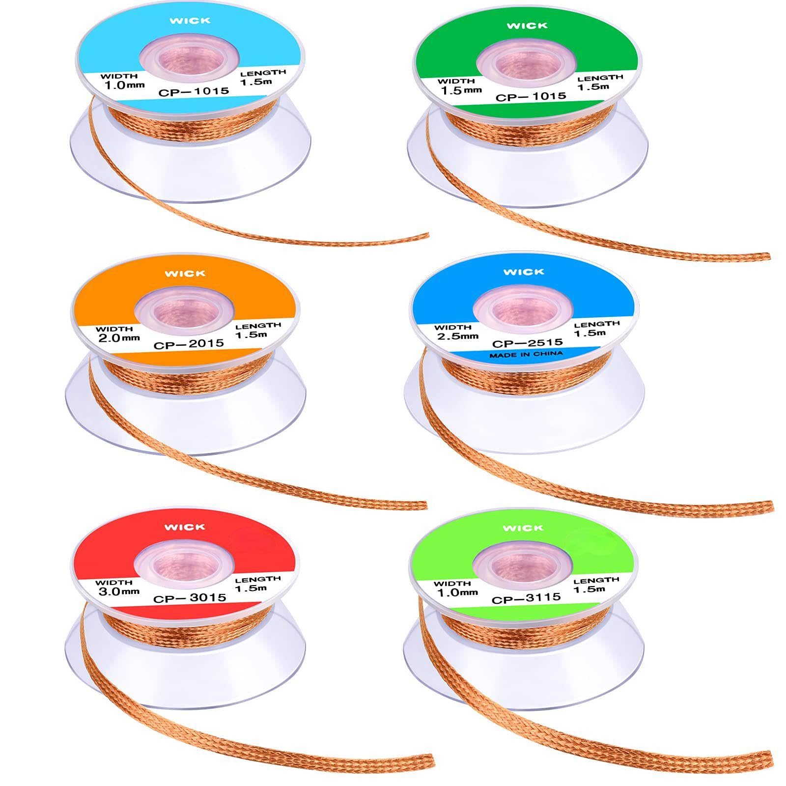 Hotop 6 Pieces Solder Wicks No-clean Solder 1.5 Meter Length Braided Wicks(0.04", 0.06", 0.08", 0.1", 0.12", 0.14",Multi-color)